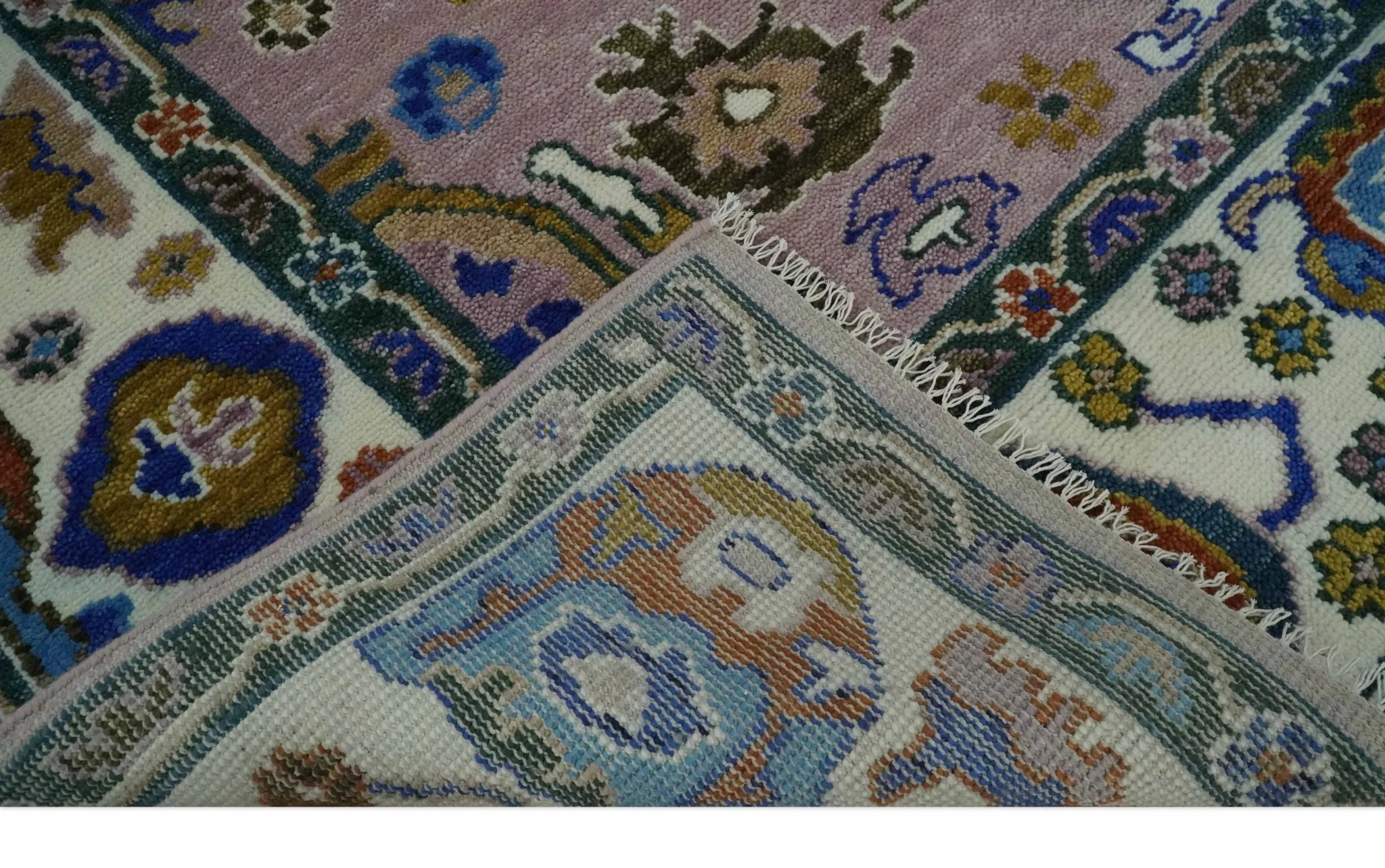 Light Purple, Ivory and Blue Hand knotted Traditional Oushak Multi Size wool Area Rug - Image 6