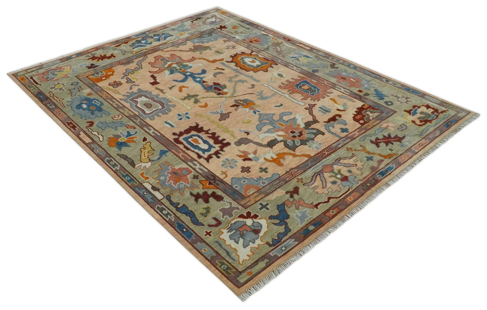 Custom Made Colorful Peach and Green Hand knotted Oushak wool Area Rug - Image 10