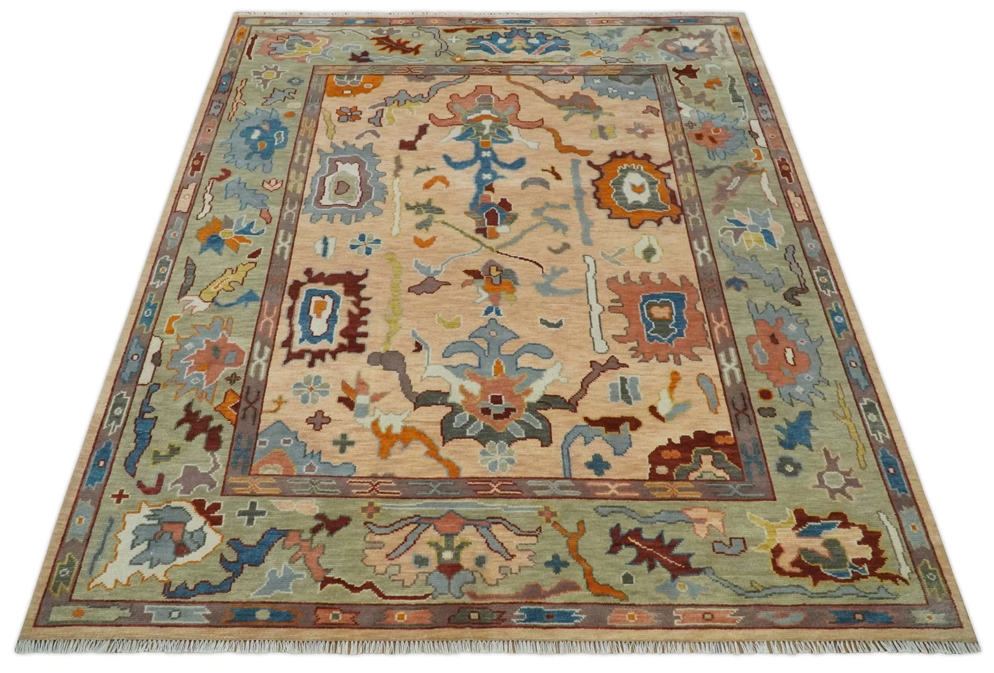 Custom Made Colorful Peach and Green Hand knotted Oushak wool Area Rug - Image 11