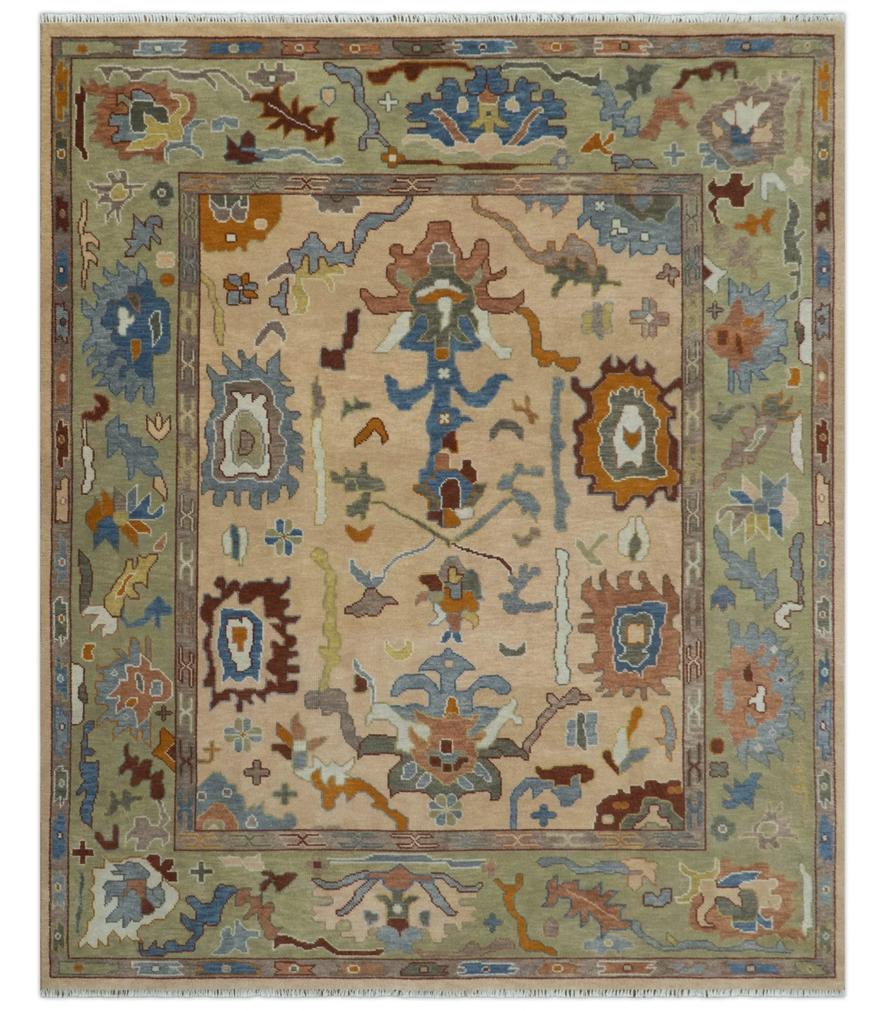 Custom Made Colorful Peach and Green Hand knotted Oushak wool Area Rug - Image 12