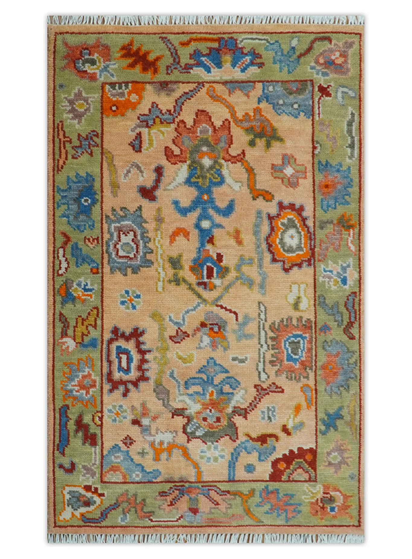 Custom Made Colorful Peach and Green Hand knotted Oushak wool Area Rug - Image 13