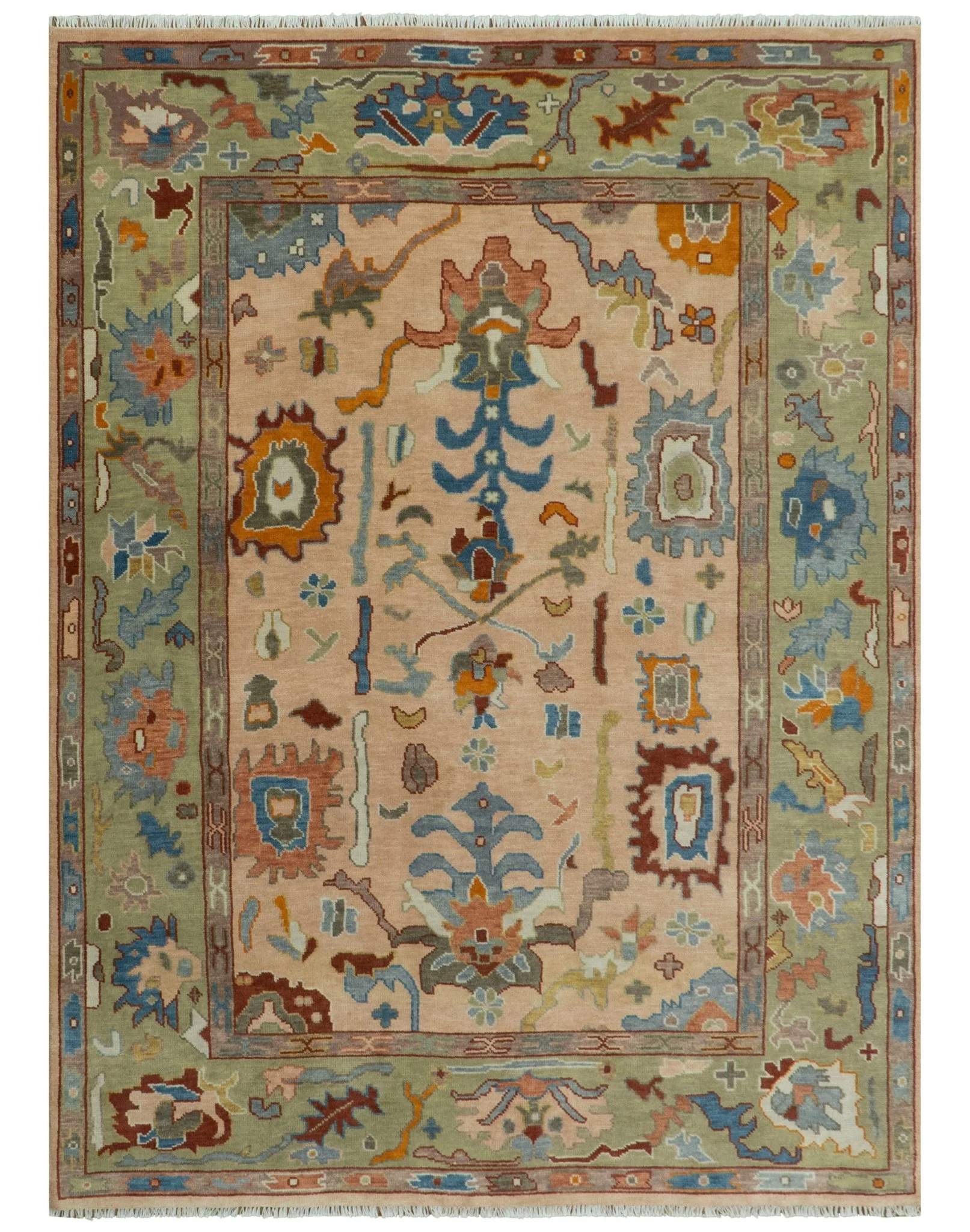 Custom Made Colorful Peach and Green Hand knotted Oushak wool Area Rug - Image 14