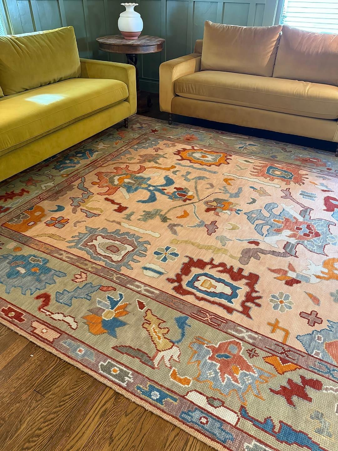 Custom Made Colorful Peach and Green Hand knotted Oushak wool Area Rug - Image 2