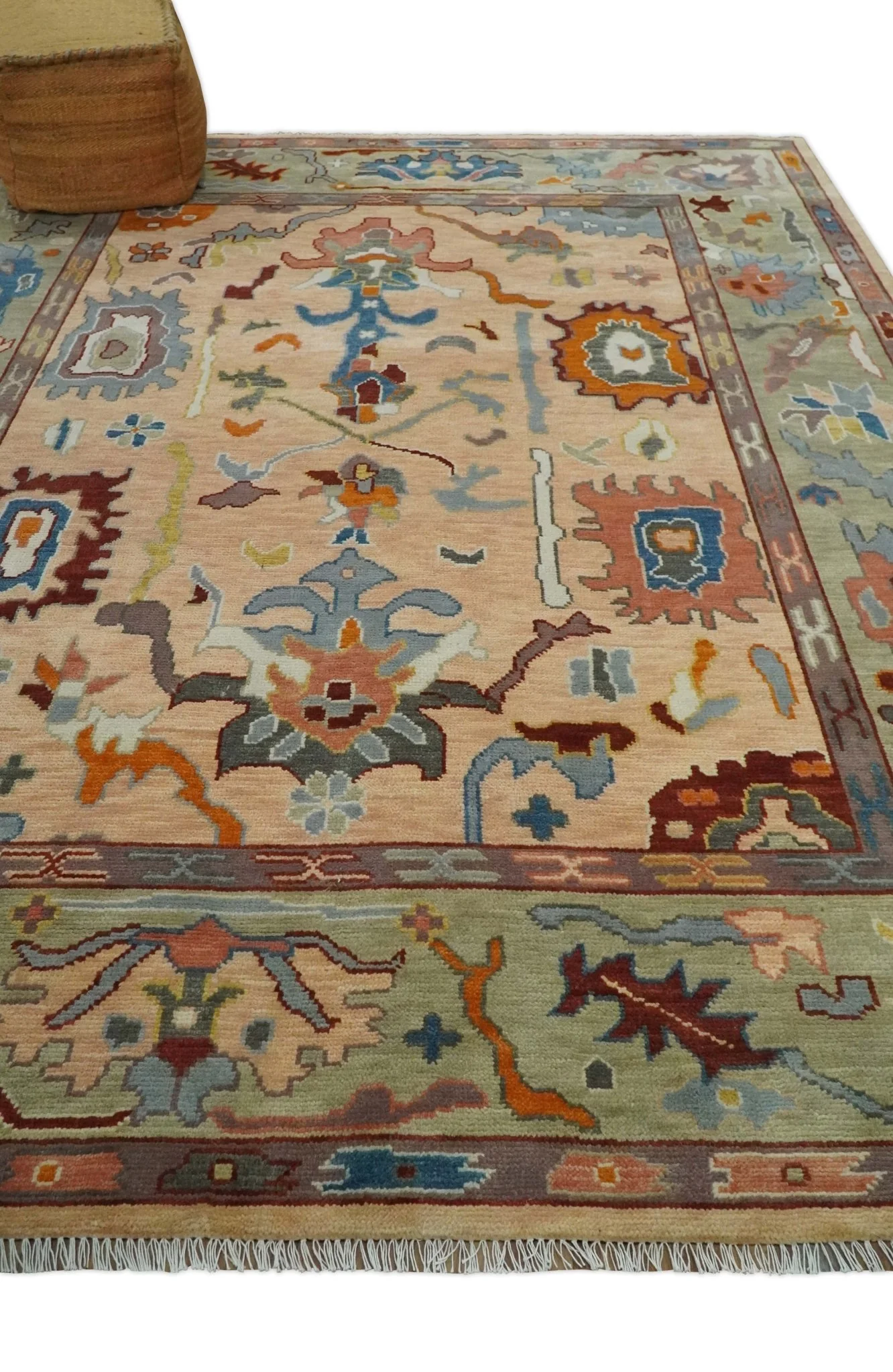 Custom Made Colorful Peach and Green Hand knotted Oushak wool Area Rug - Image 4