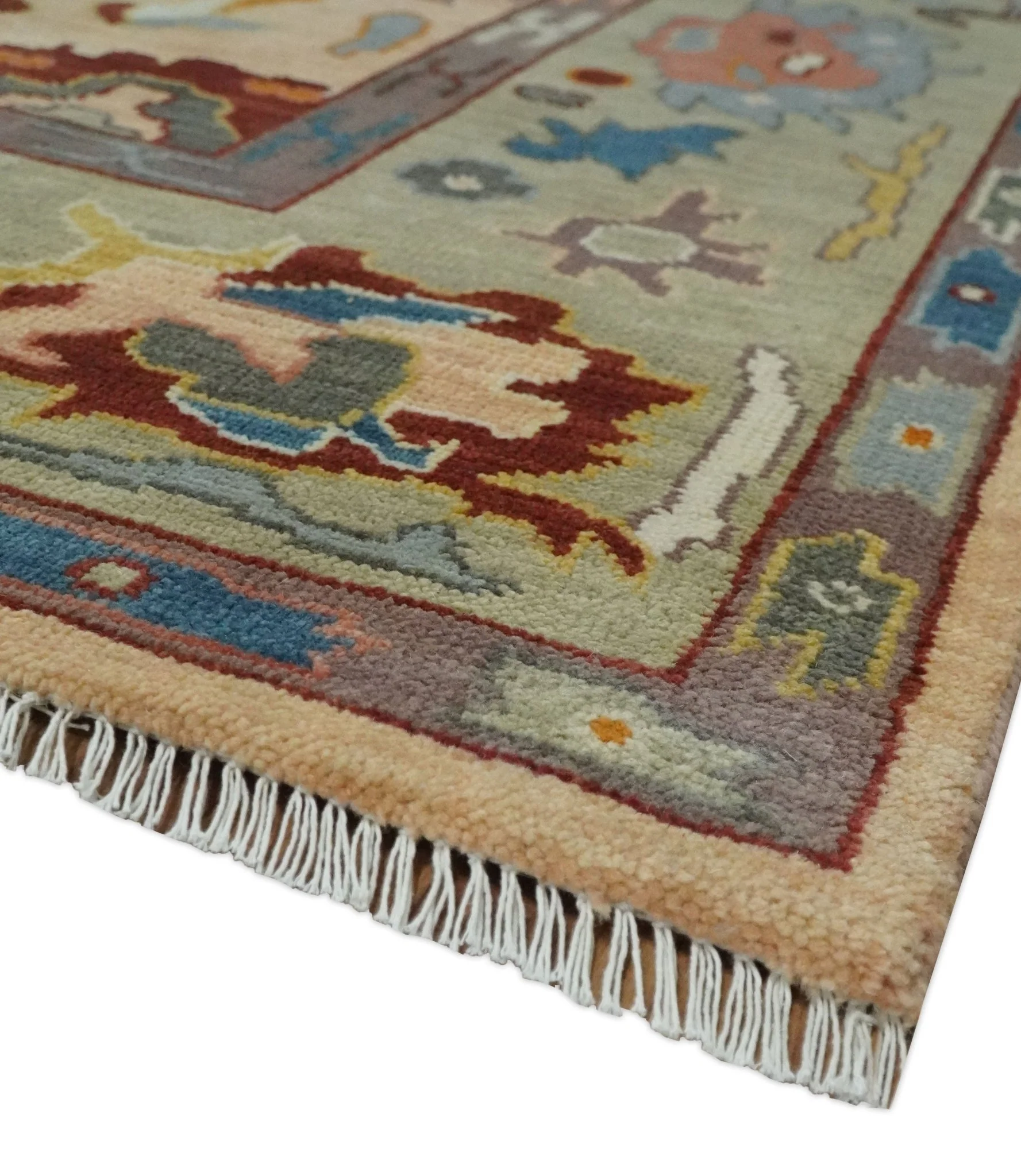 Custom Made Colorful Peach and Green Hand knotted Oushak wool Area Rug - Image 6