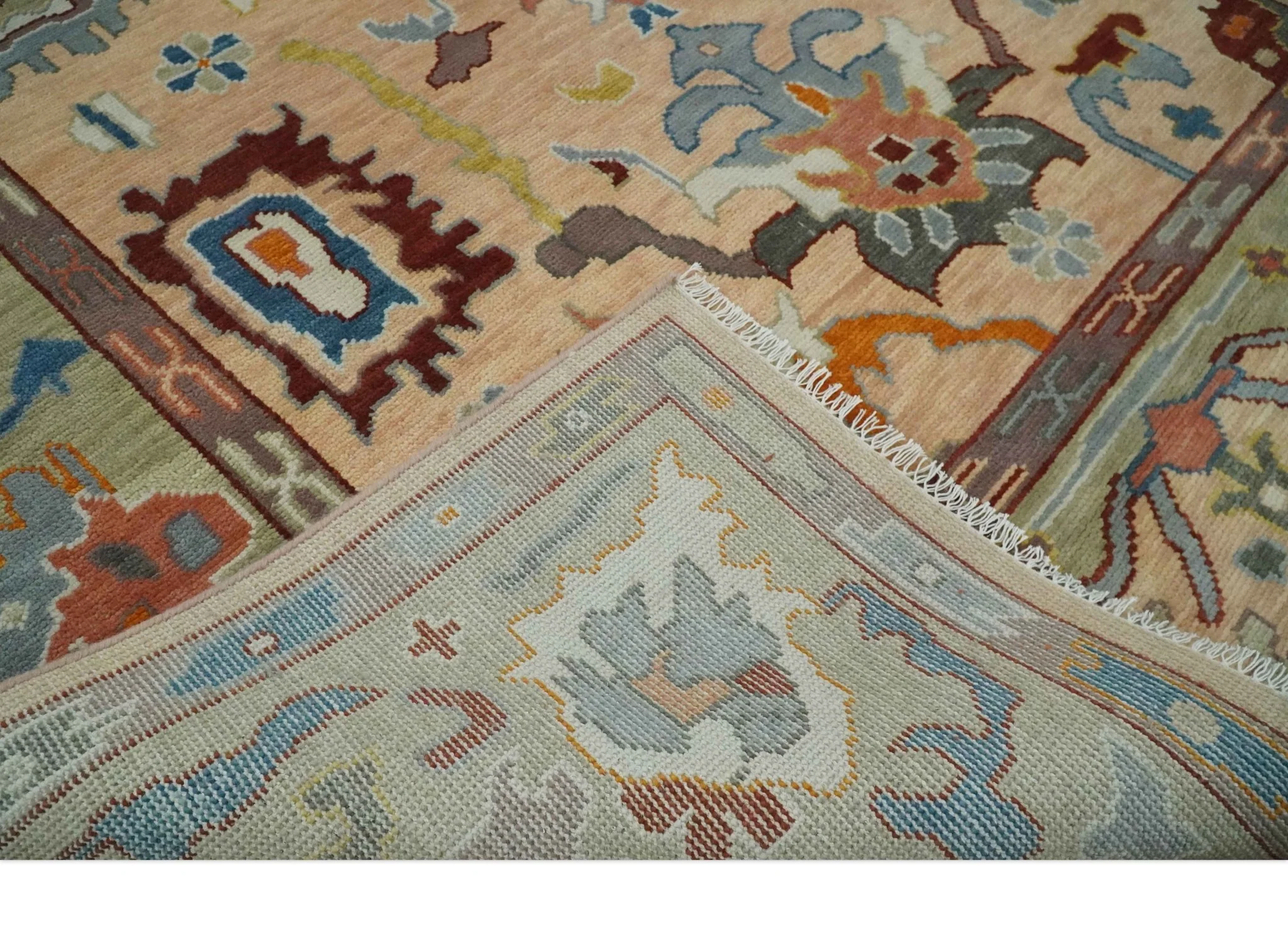 Custom Made Colorful Peach and Green Hand knotted Oushak wool Area Rug - Image 7