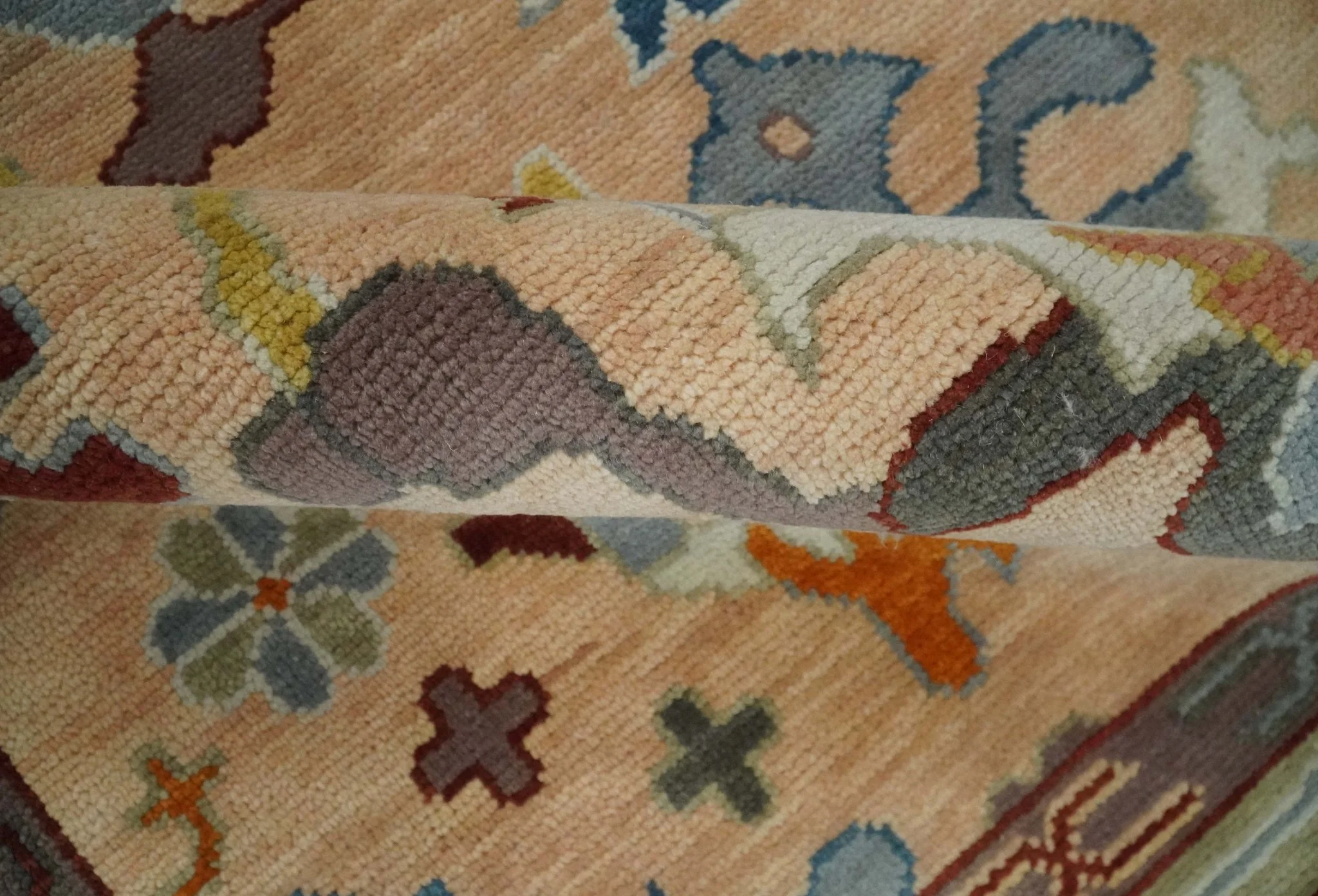 Custom Made Colorful Peach and Green Hand knotted Oushak wool Area Rug - Image 8