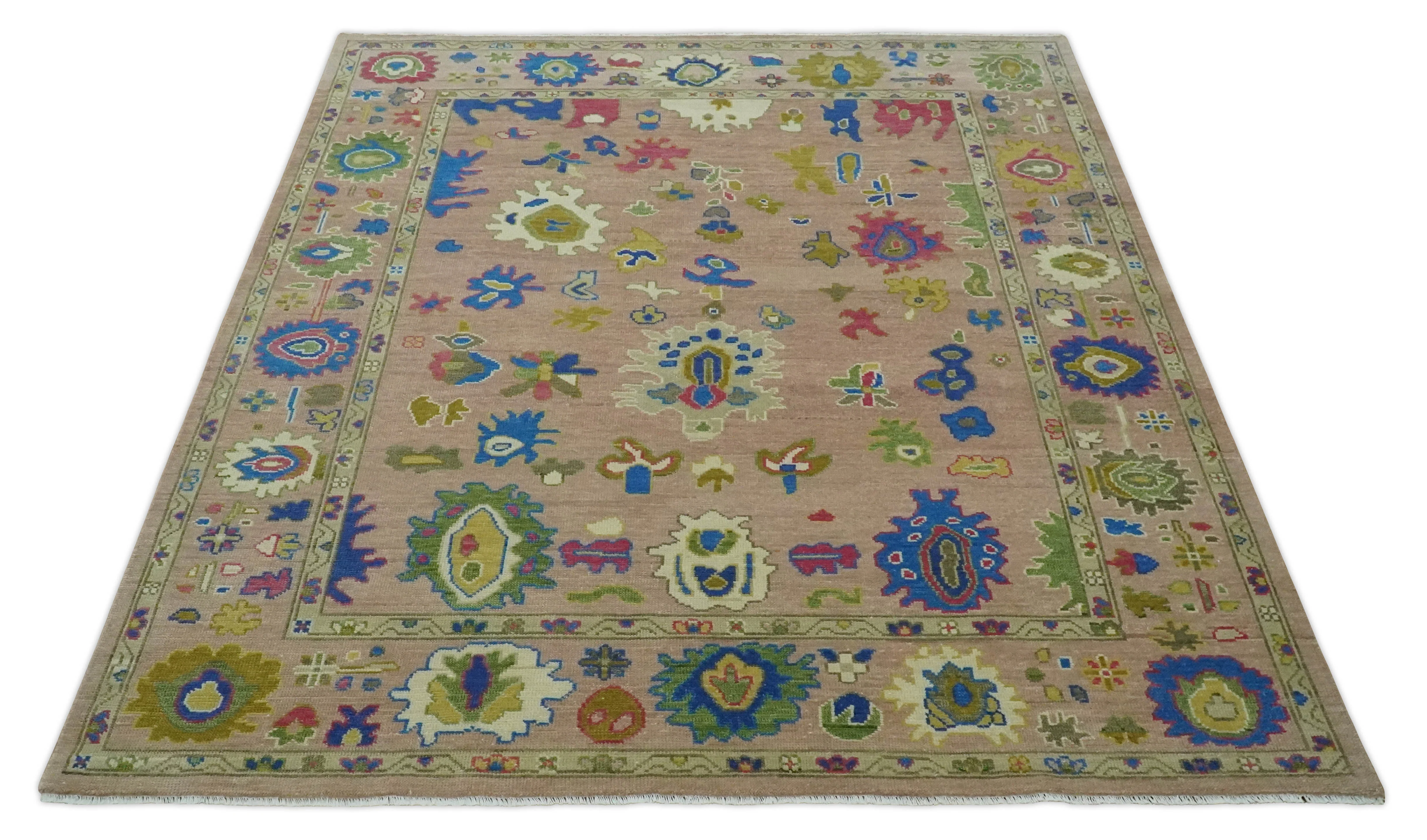 Peach, Blue and Olive Hand knotted Traditional Custom Made Oushak wool Area Rug - Image 10