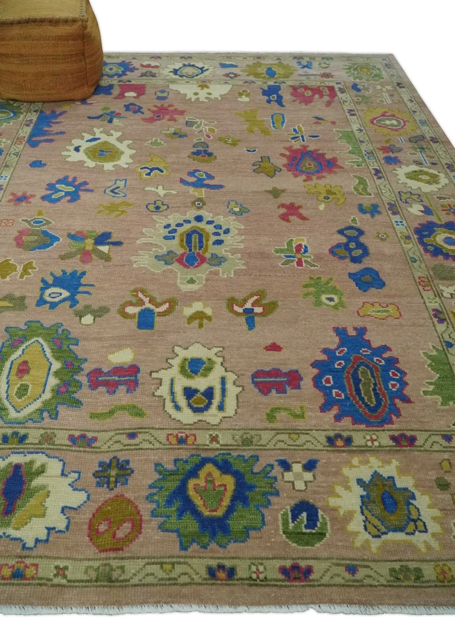 Peach, Blue and Olive Hand knotted Traditional Custom Made Oushak wool Area Rug - Image 3