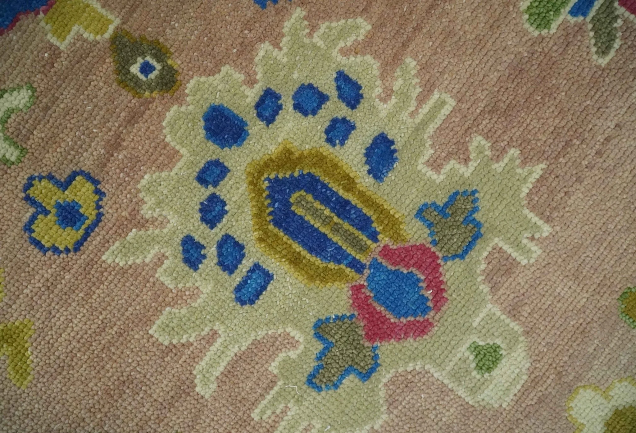 Peach, Blue and Olive Hand knotted Traditional Custom Made Oushak wool Area Rug - Image 4