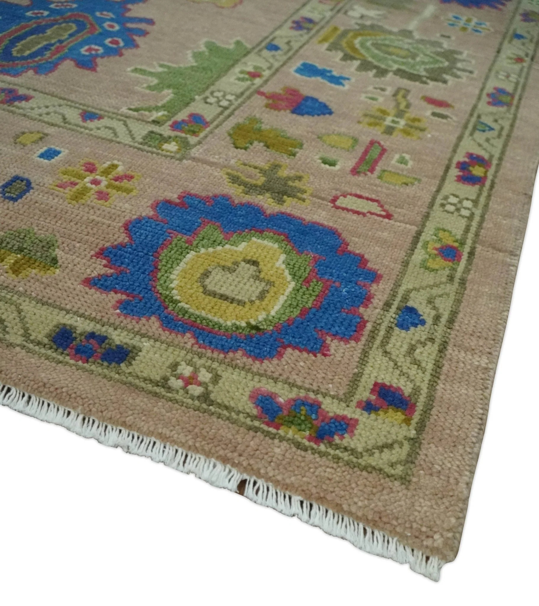 Peach, Blue and Olive Hand knotted Traditional Custom Made Oushak wool Area Rug - Image 5