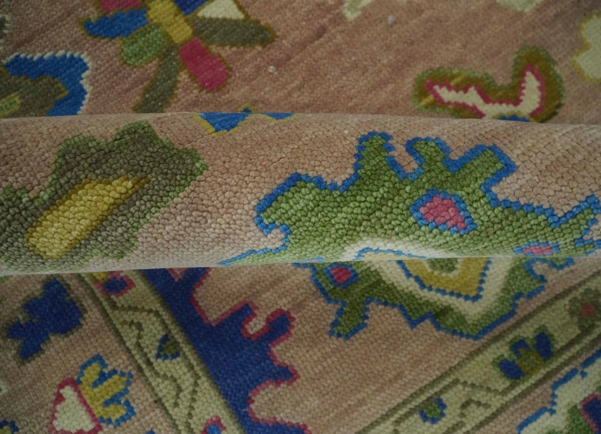 Peach, Blue and Olive Hand knotted Traditional Custom Made Oushak wool Area Rug - Image 6