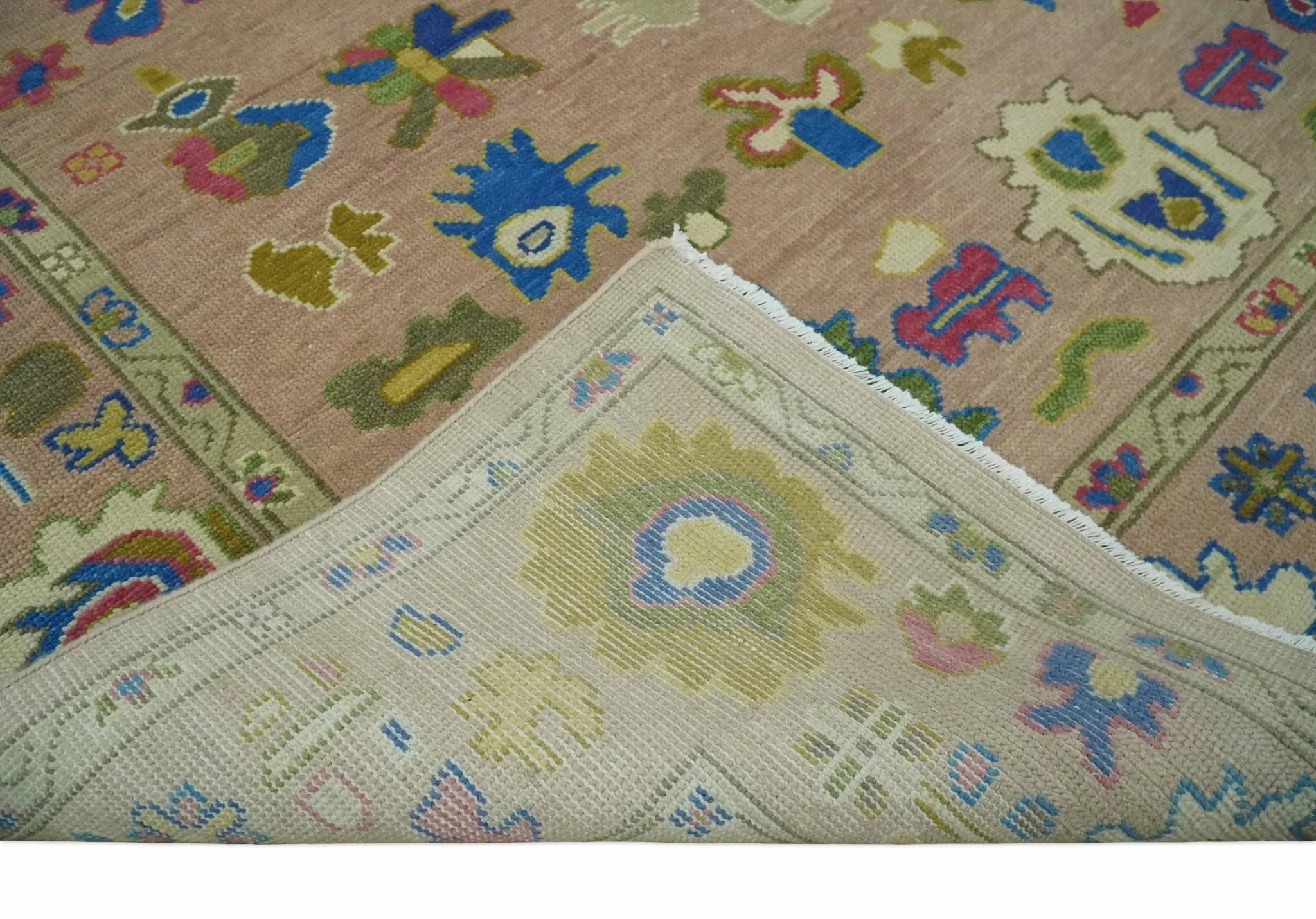 Peach, Blue and Olive Hand knotted Traditional Custom Made Oushak wool Area Rug - Image 7