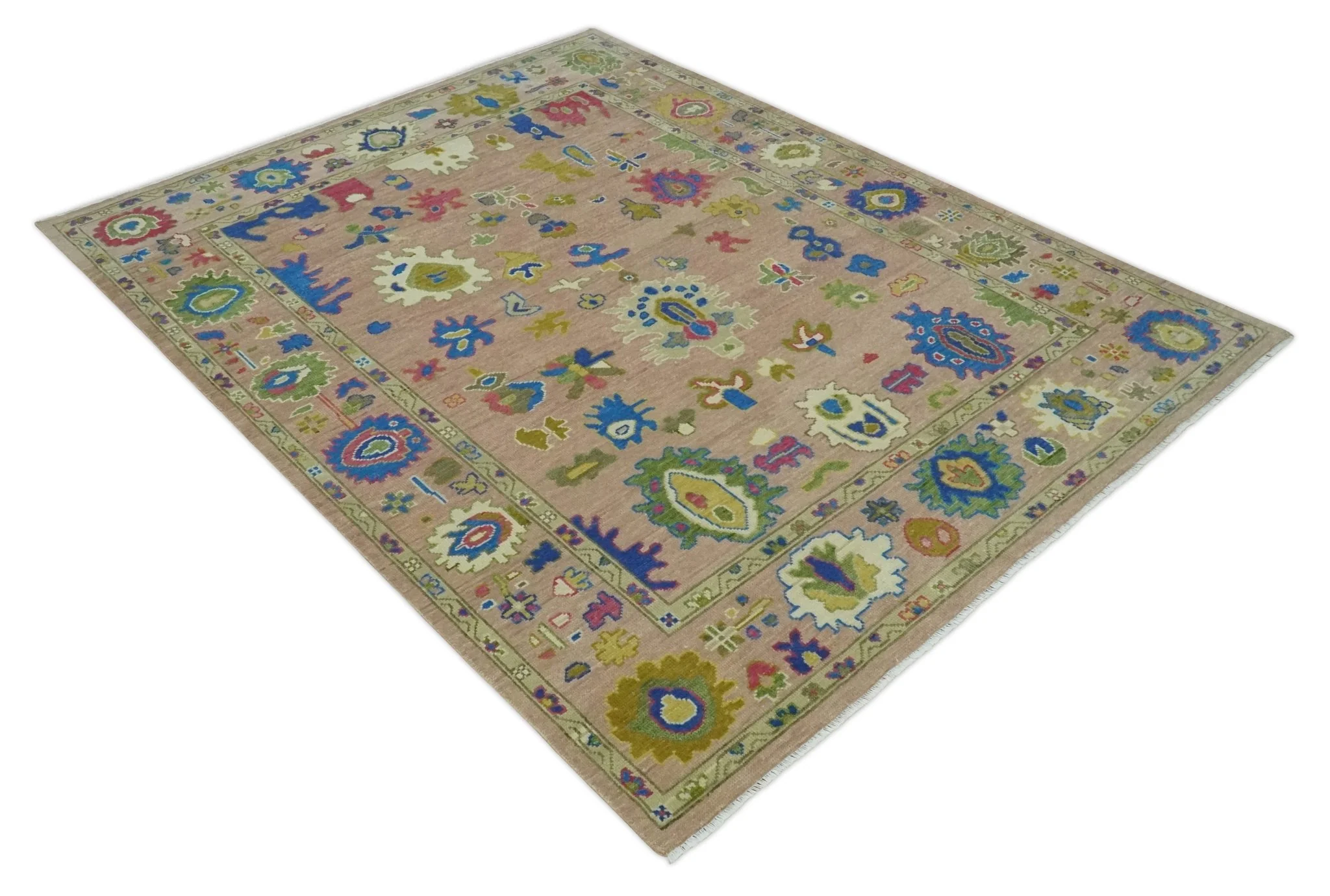 Peach, Blue and Olive Hand knotted Traditional Custom Made Oushak wool Area Rug - Image 9