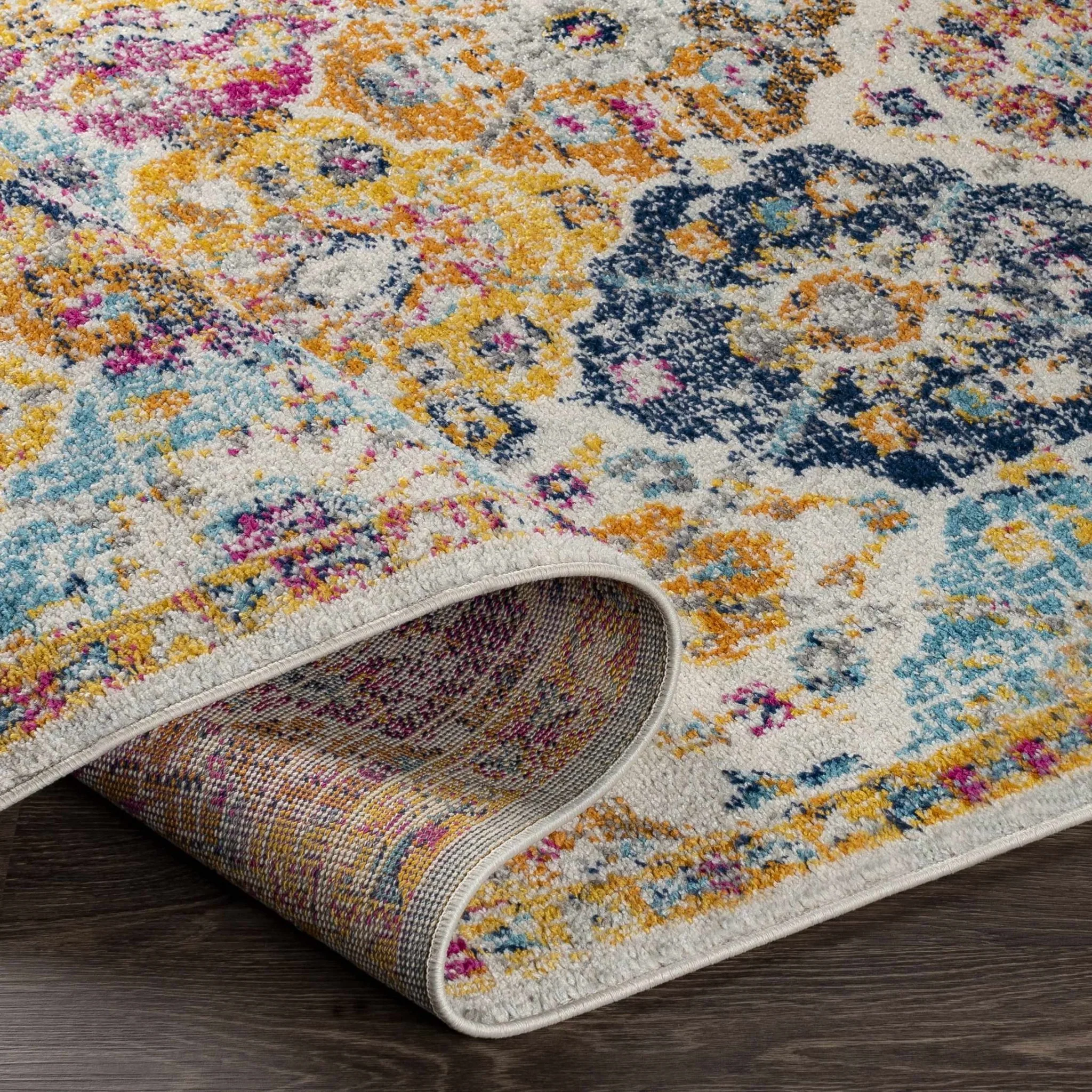 Vibrant Colorful Pink, Gold, Aqua and Blue Traditional Ikat Pattern Area Rug - Image 10