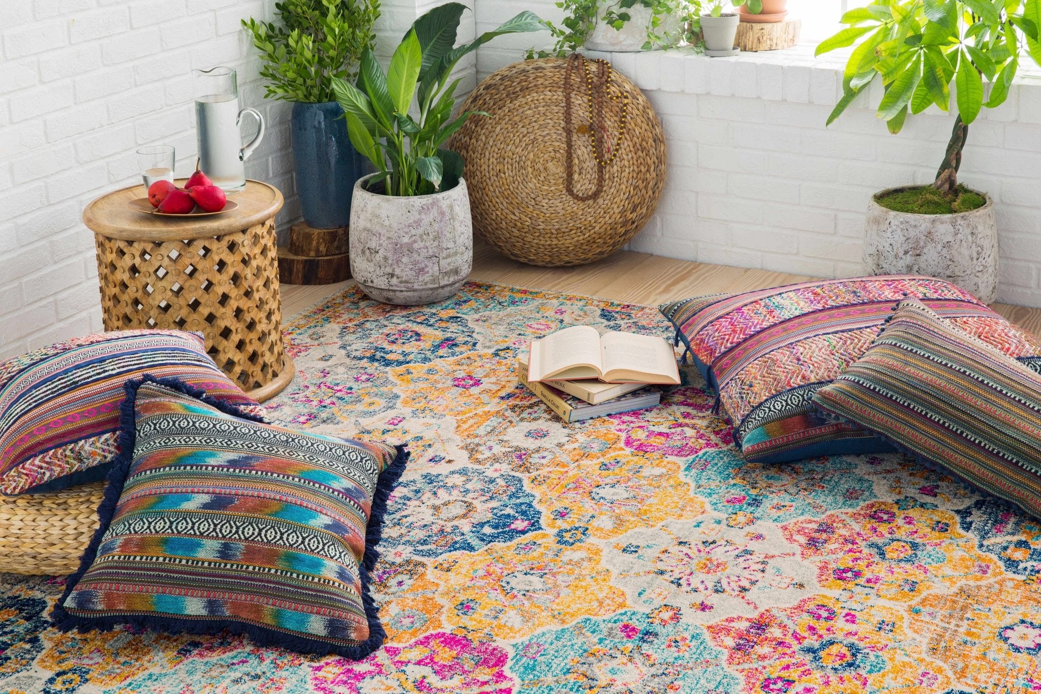 Vibrant Colorful Pink, Gold, Aqua and Blue Traditional Ikat Pattern Area Rug - Image 14