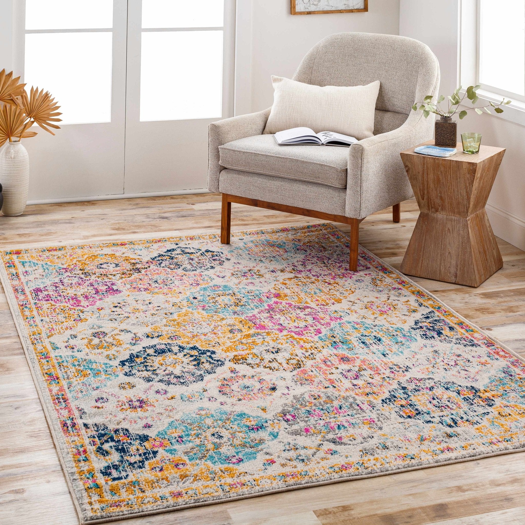 Vibrant Colorful Pink, Gold, Aqua and Blue Traditional Ikat Pattern Area Rug - Image 2
