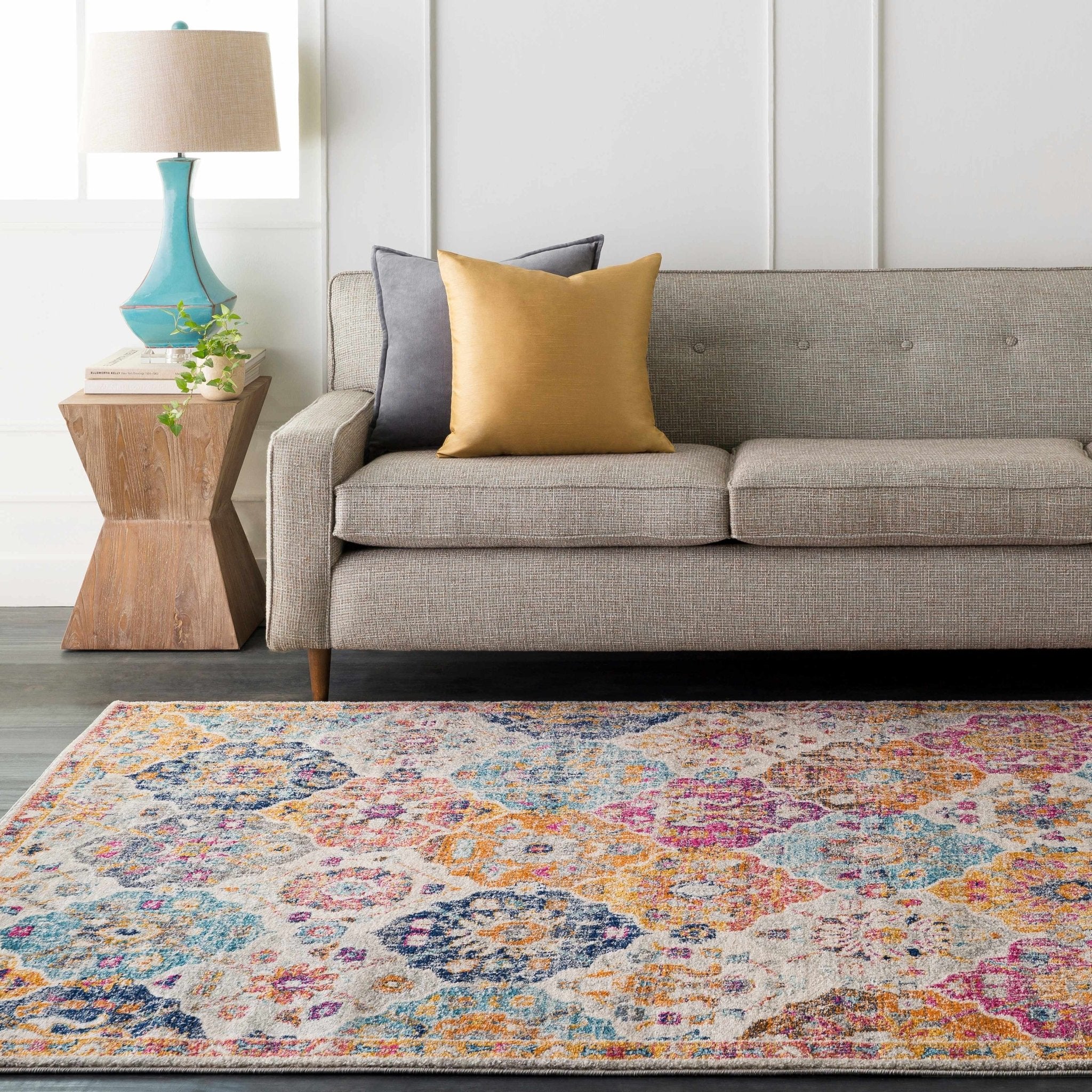 Vibrant Colorful Pink, Gold, Aqua and Blue Traditional Ikat Pattern Area Rug - Image 23