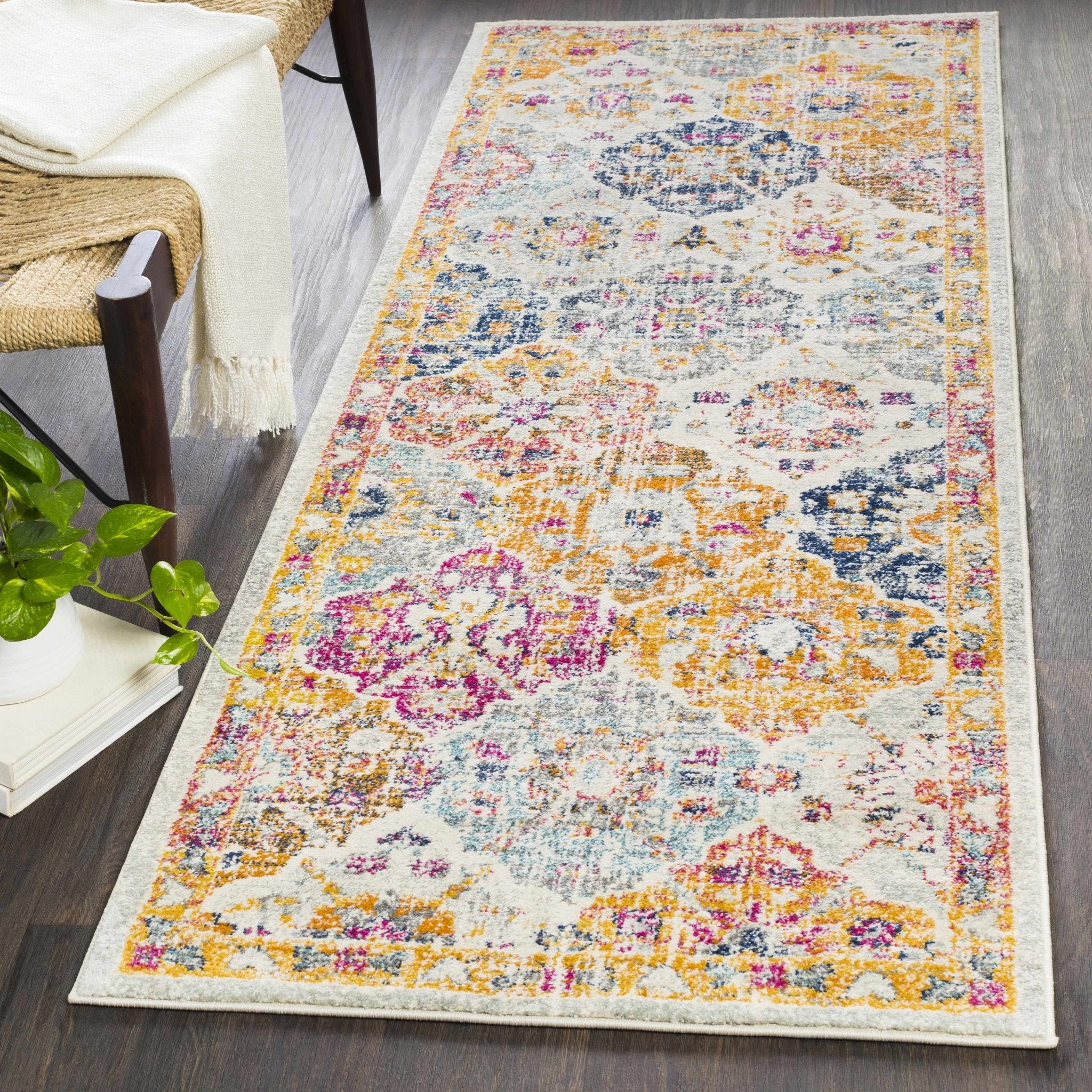 Vibrant Colorful Pink, Gold, Aqua and Blue Traditional Ikat Pattern Area Rug - Image 3