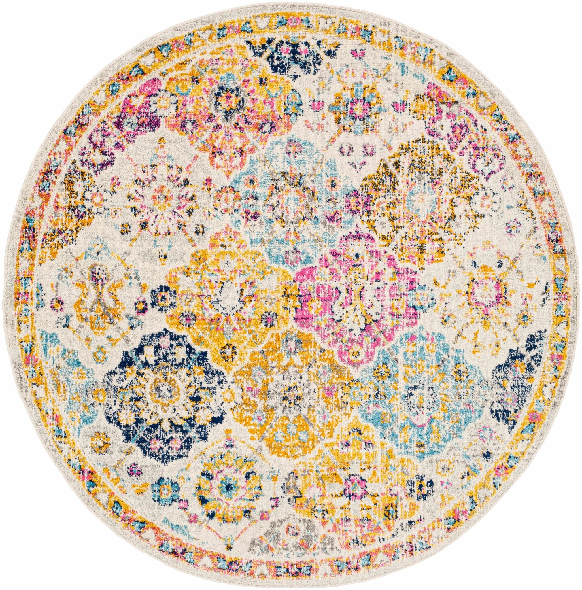 Vibrant Colorful Pink, Gold, Aqua and Blue Traditional Ikat Pattern Area Rug - Image 5