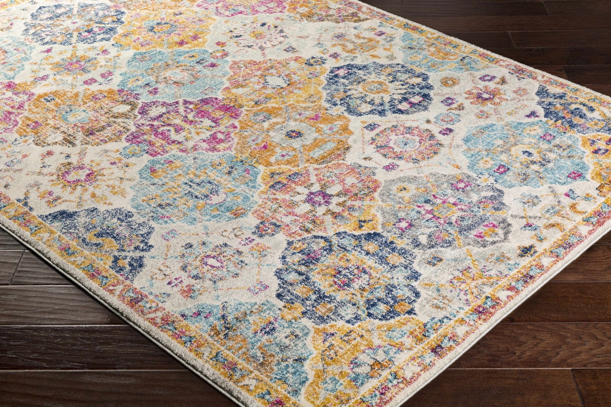 Vibrant Colorful Pink, Gold, Aqua and Blue Traditional Ikat Pattern Area Rug - Image 8