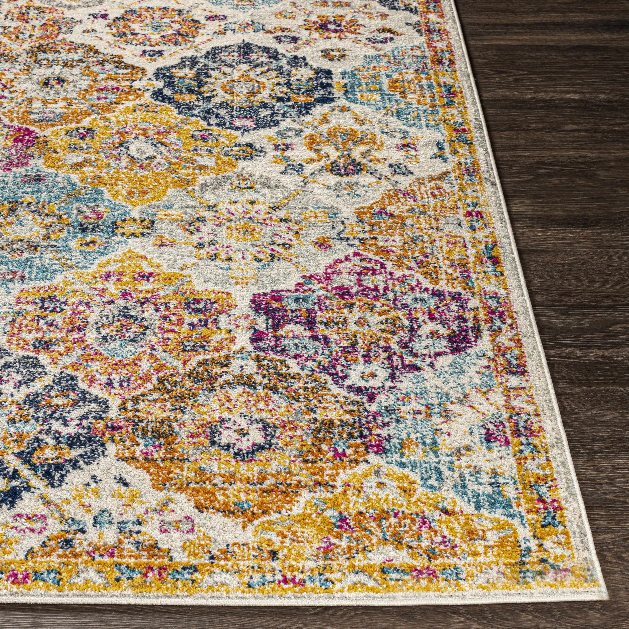 Vibrant Colorful Pink, Gold, Aqua and Blue Traditional Ikat Pattern Area Rug - Image 9