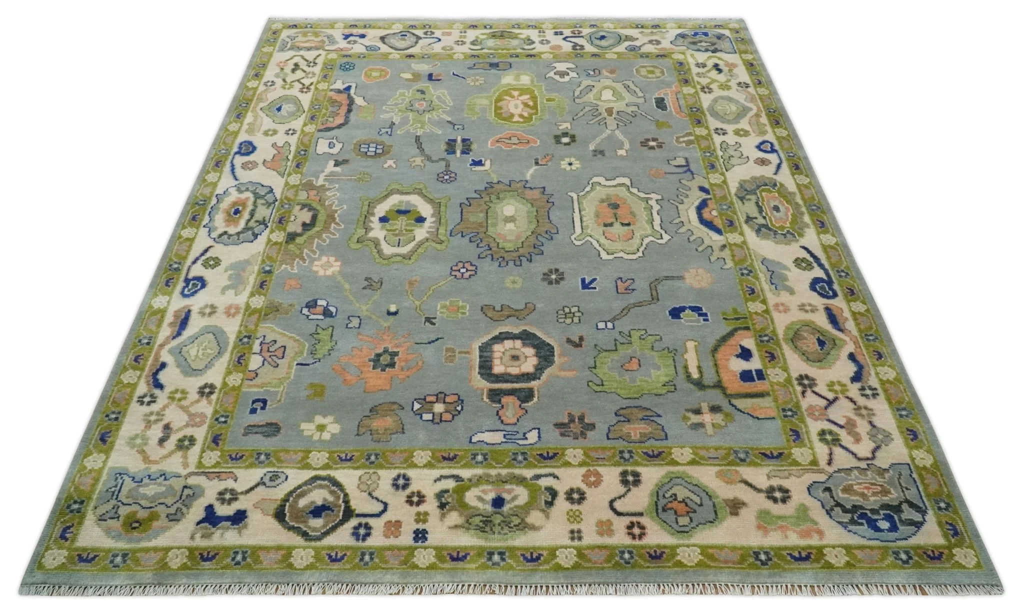 8x10 wool Vibrant Colorful Silver, Green and Light Peach Hand knotted Oushak Area Rug - Image 10