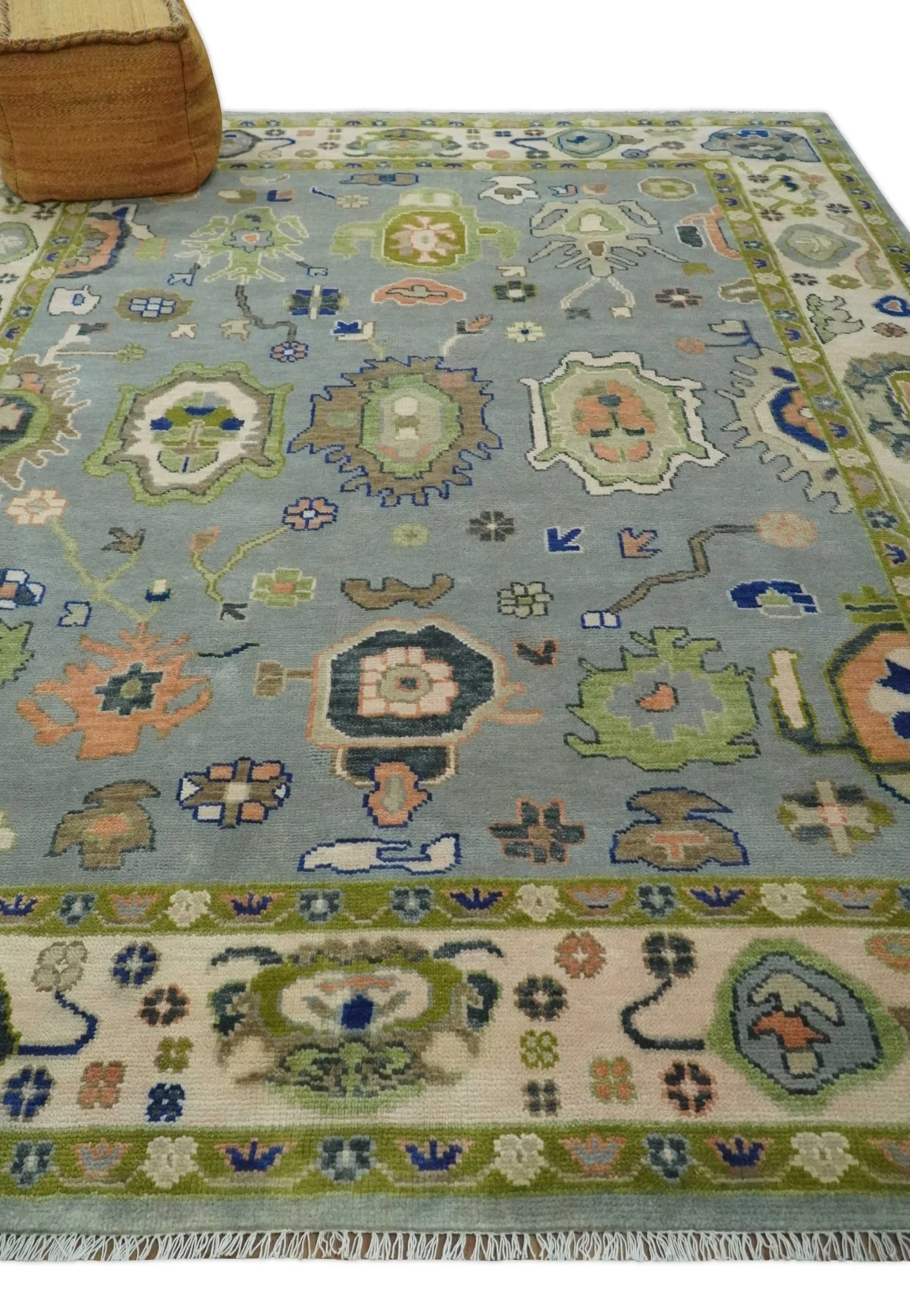 8x10 wool Vibrant Colorful Silver, Green and Light Peach Hand knotted Oushak Area Rug - Image 3
