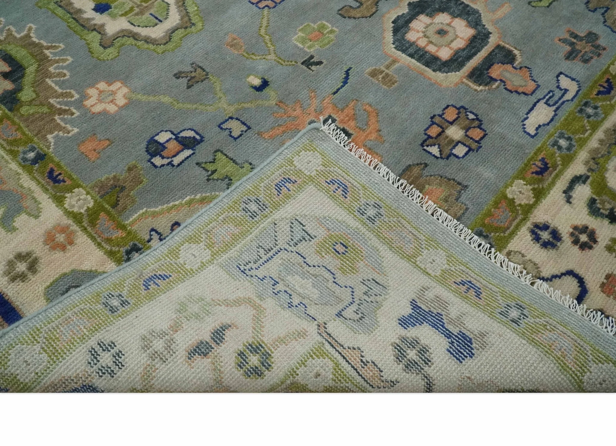 8x10 wool Vibrant Colorful Silver, Green and Light Peach Hand knotted Oushak Area Rug - Image 7
