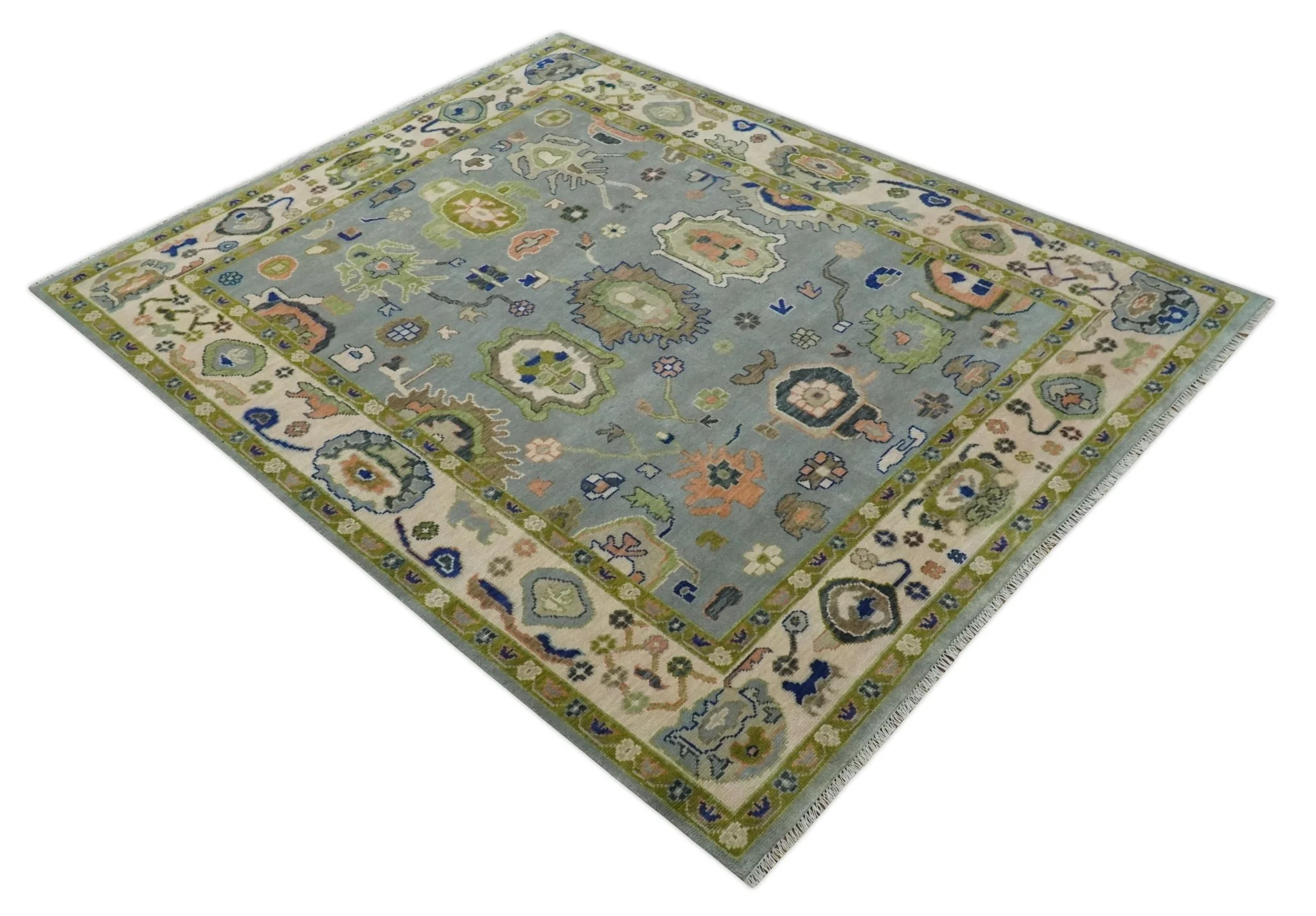 8x10 wool Vibrant Colorful Silver, Green and Light Peach Hand knotted Oushak Area Rug - Image 9