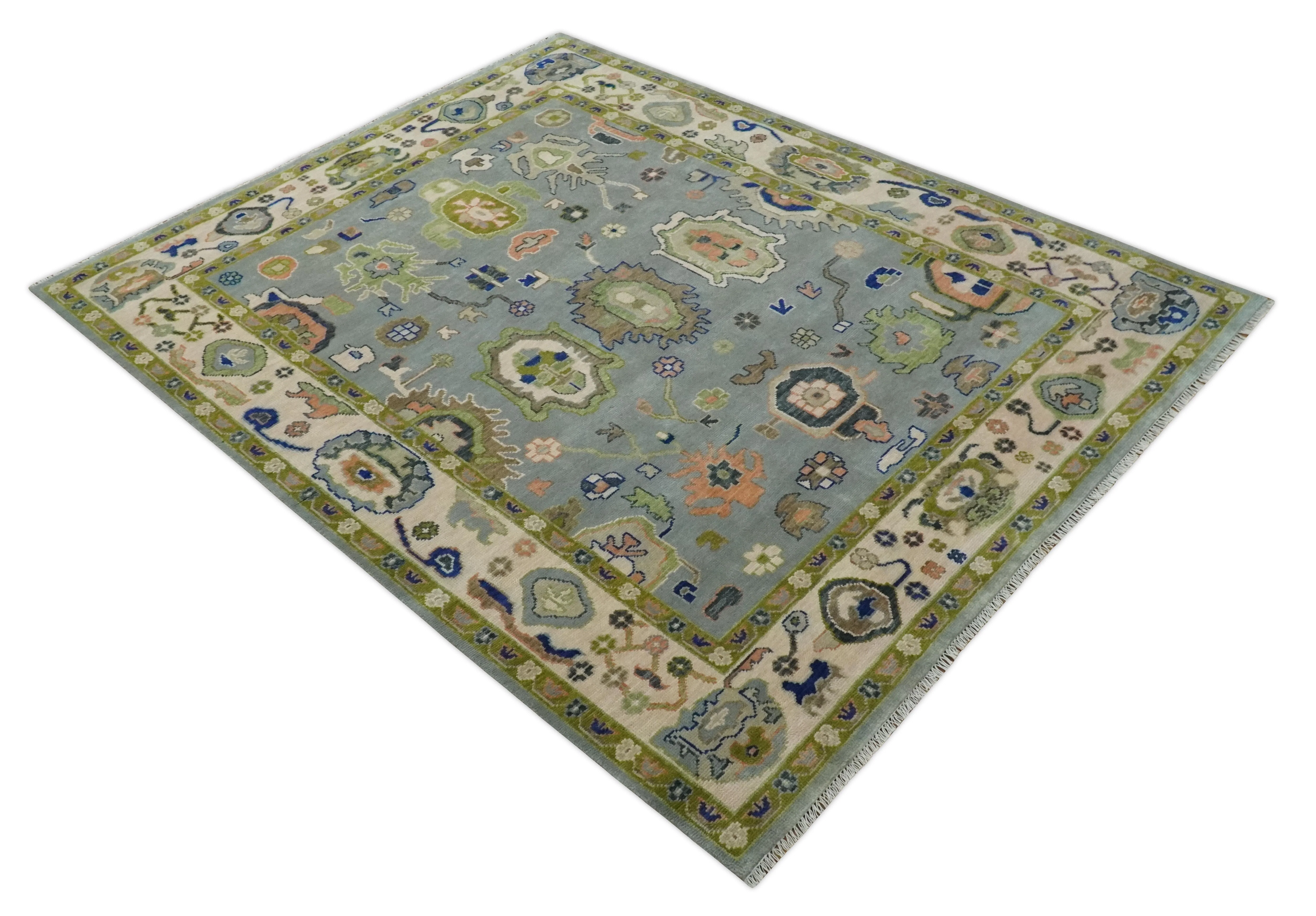 Vibrant Colorful Silver, Green and Light Peach Hand knotted Oushak wool Area Rug - Image 10