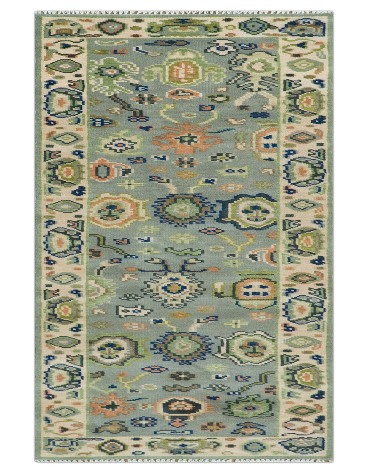 Vibrant Colorful Silver, Green and Light Peach Hand knotted Oushak wool Area Rug - Image 11