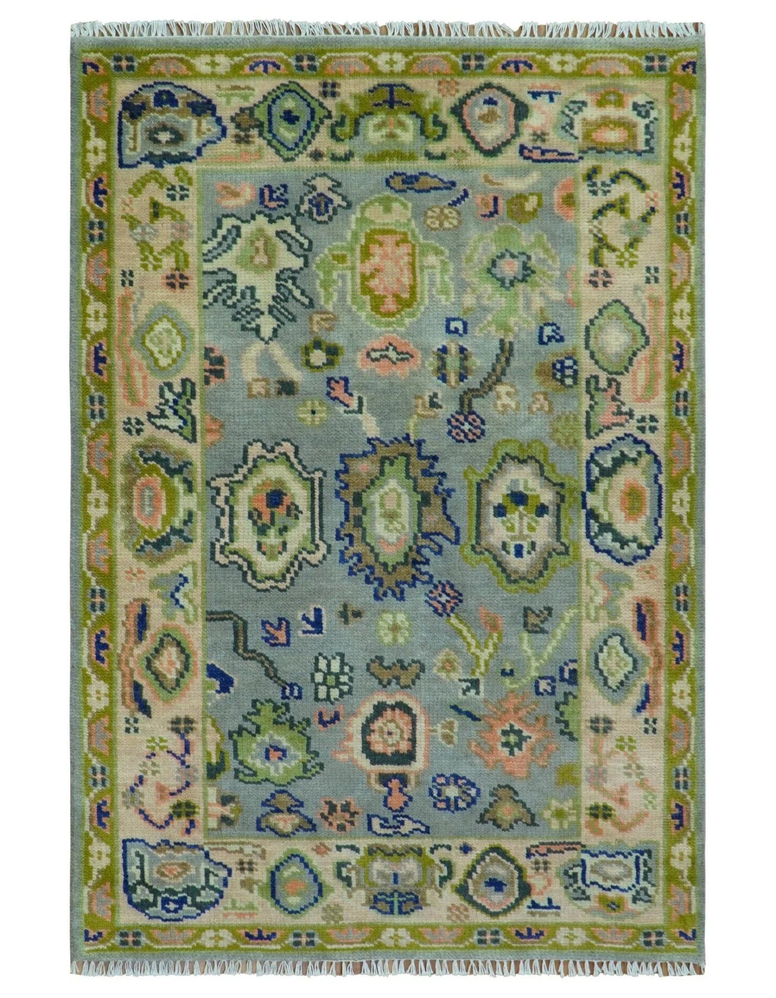 Vibrant Colorful Silver, Green and Light Peach Hand knotted Oushak wool Area Rug - Image 12