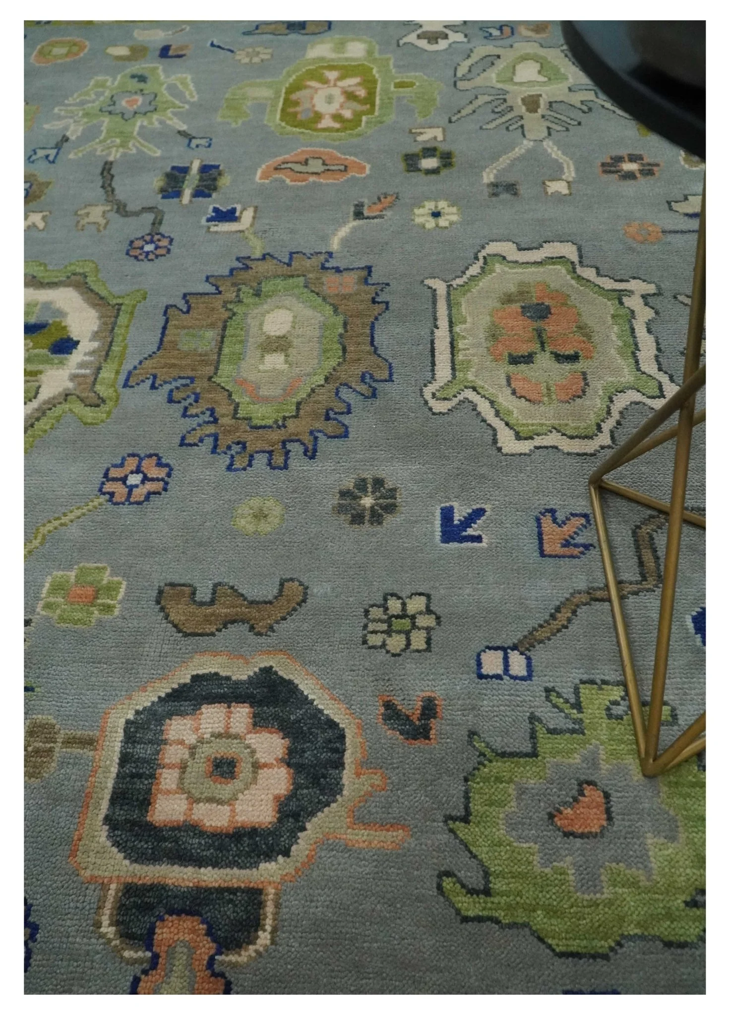 Vibrant Colorful Silver, Green and Light Peach Hand knotted Oushak wool Area Rug - Image 2