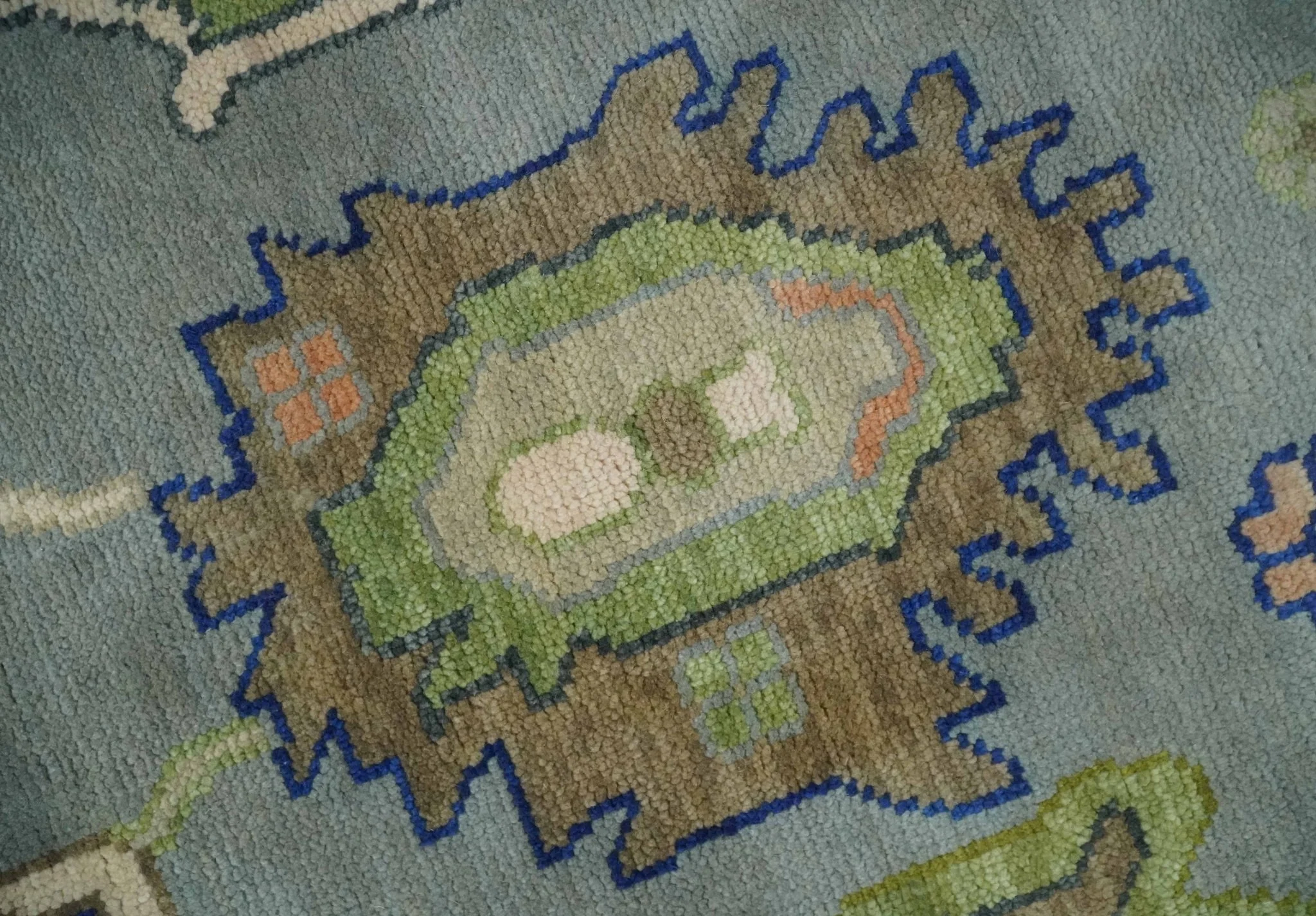 Vibrant Colorful Silver, Green and Light Peach Hand knotted Oushak wool Area Rug - Image 4