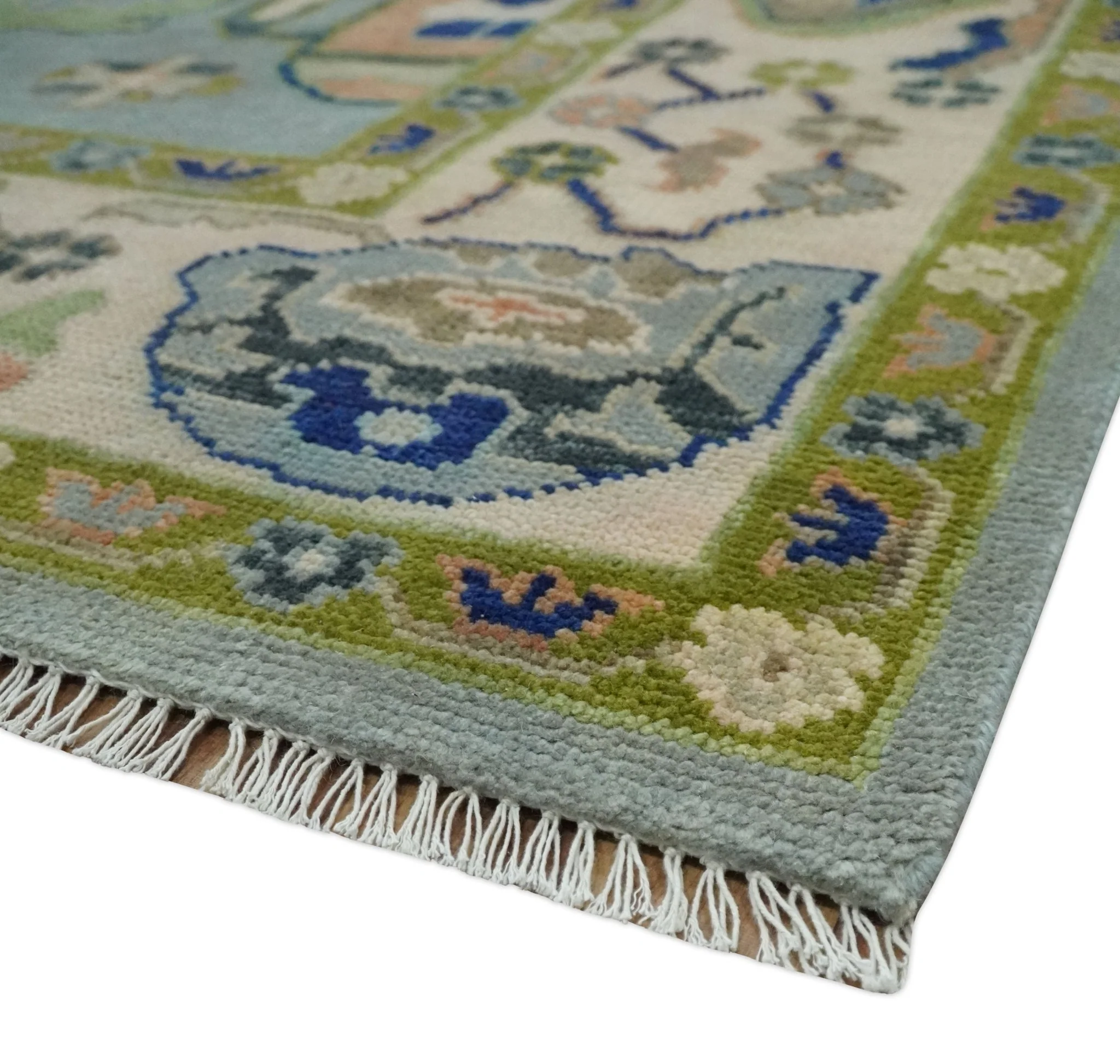 Vibrant Colorful Silver, Green and Light Peach Hand knotted Oushak wool Area Rug - Image 5