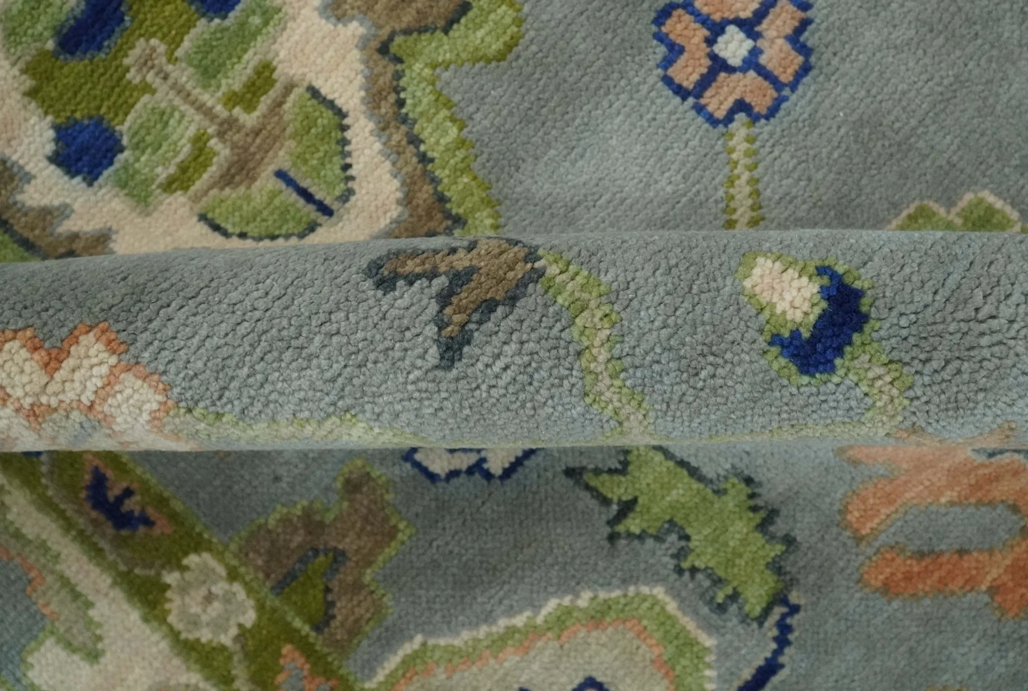Vibrant Colorful Silver, Green and Light Peach Hand knotted Oushak wool Area Rug - Image 6