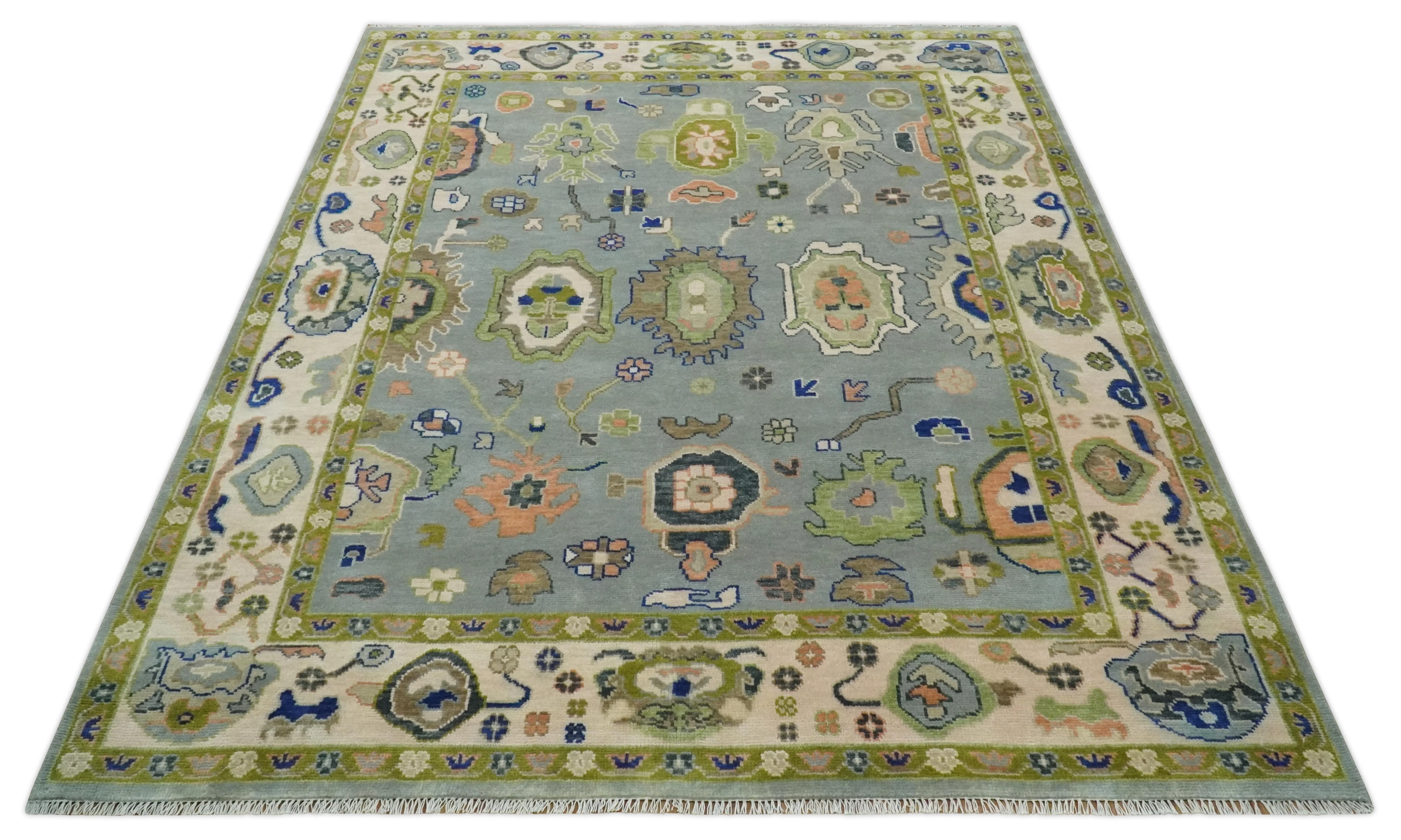 Vibrant Colorful Silver, Green and Light Peach Hand knotted Oushak wool Area Rug - Image 9