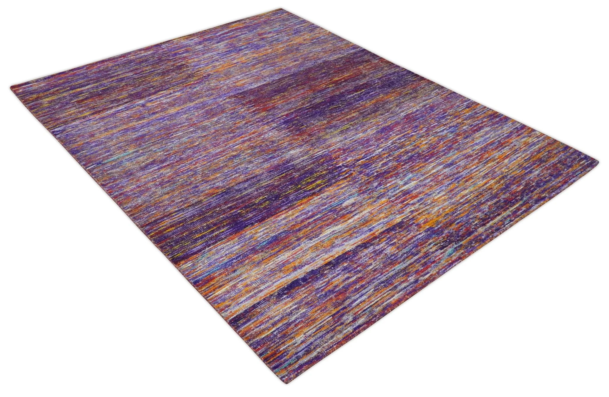 Modern Abstract Vibrant Colorful Violet, Gold, Rust and Ivory Hand knotted Flat Woven 8x10 wool Area Rug - Image 9