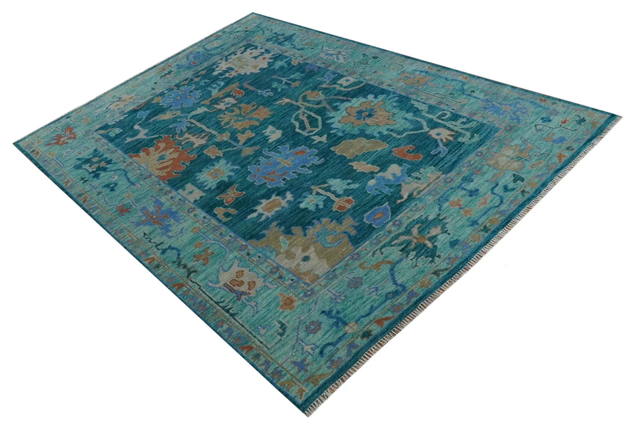 Vibrant Colorful Green, Blue and Rust Hand knotted Traditional Oushak 9x12 wool Area Rug - Image 10