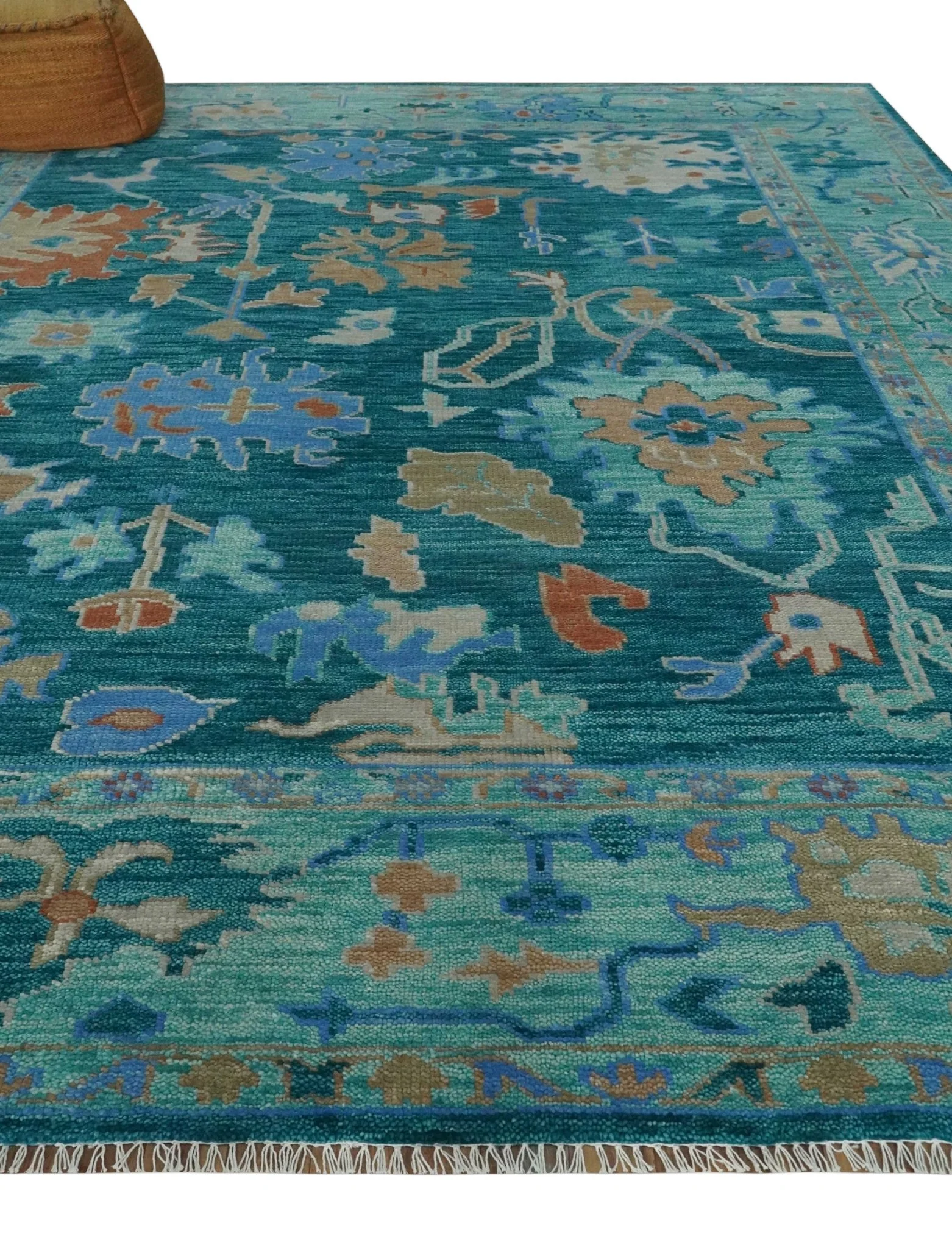 Vibrant Colorful Green, Blue and Rust Hand knotted Traditional Oushak 9x12 wool Area Rug - Image 3
