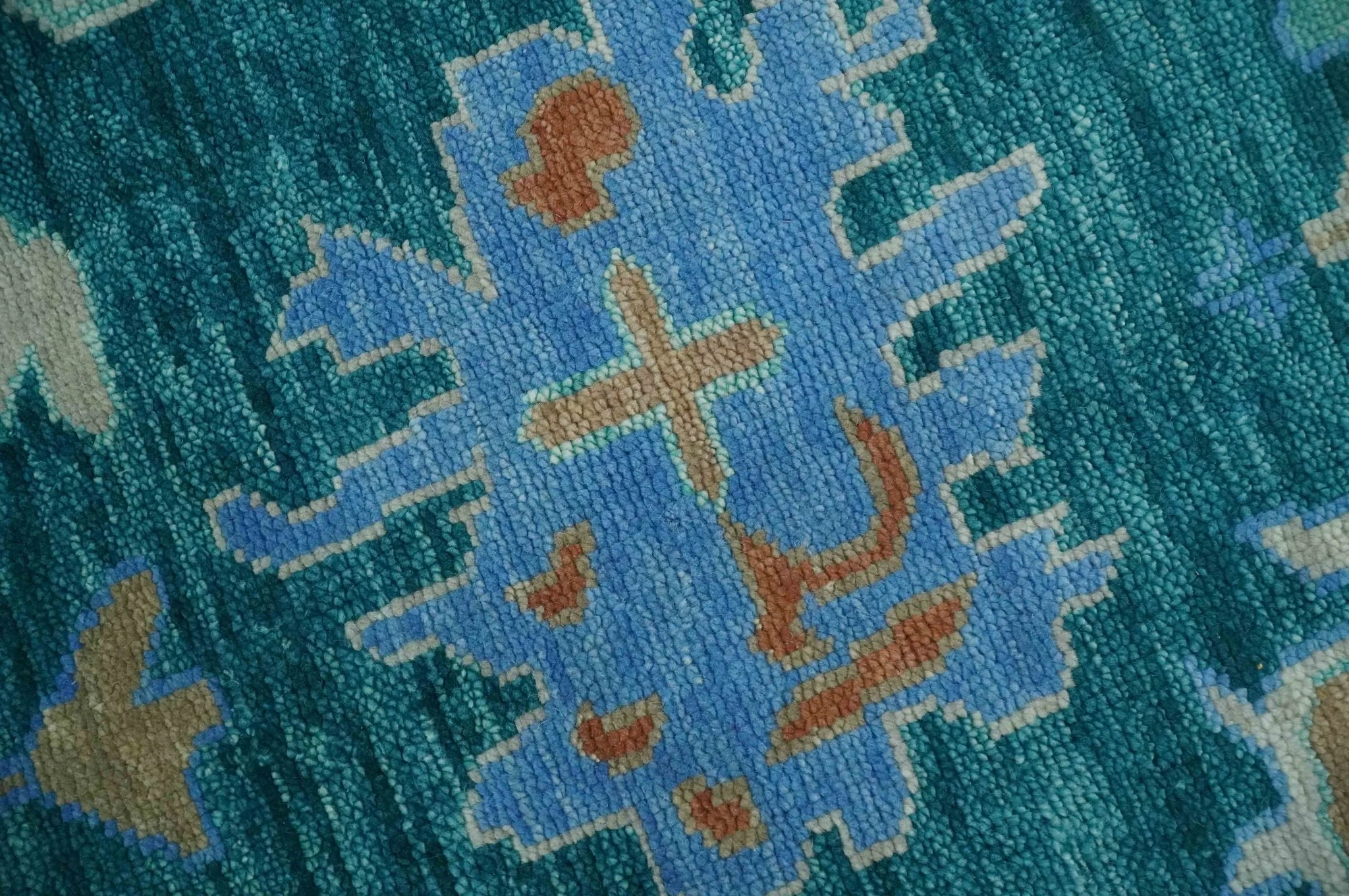 Vibrant Colorful Green, Blue and Rust Hand knotted Traditional Oushak 9x12 wool Area Rug - Image 4
