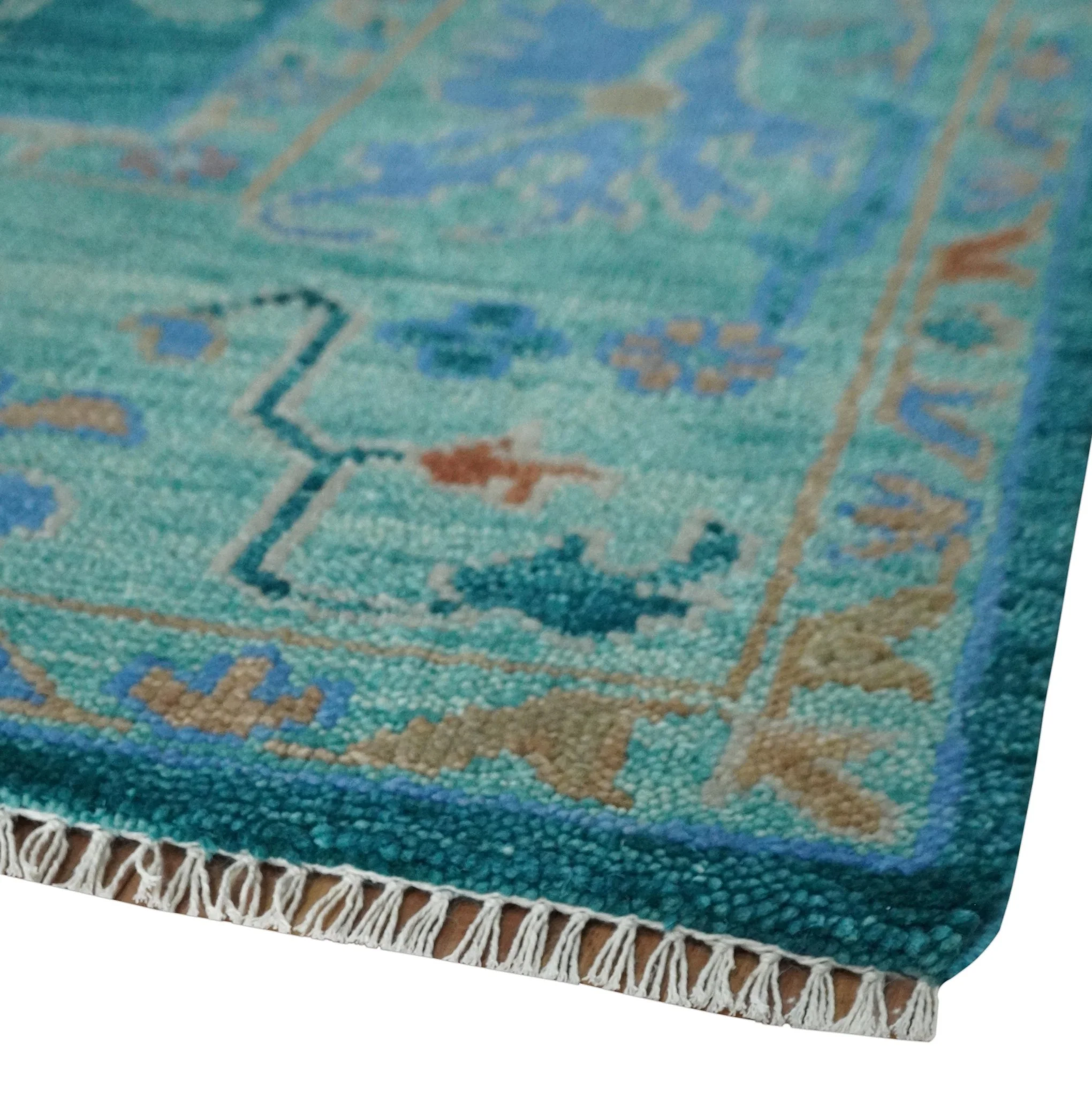 Vibrant Colorful Green, Blue and Rust Hand knotted Traditional Oushak 9x12 wool Area Rug - Image 5