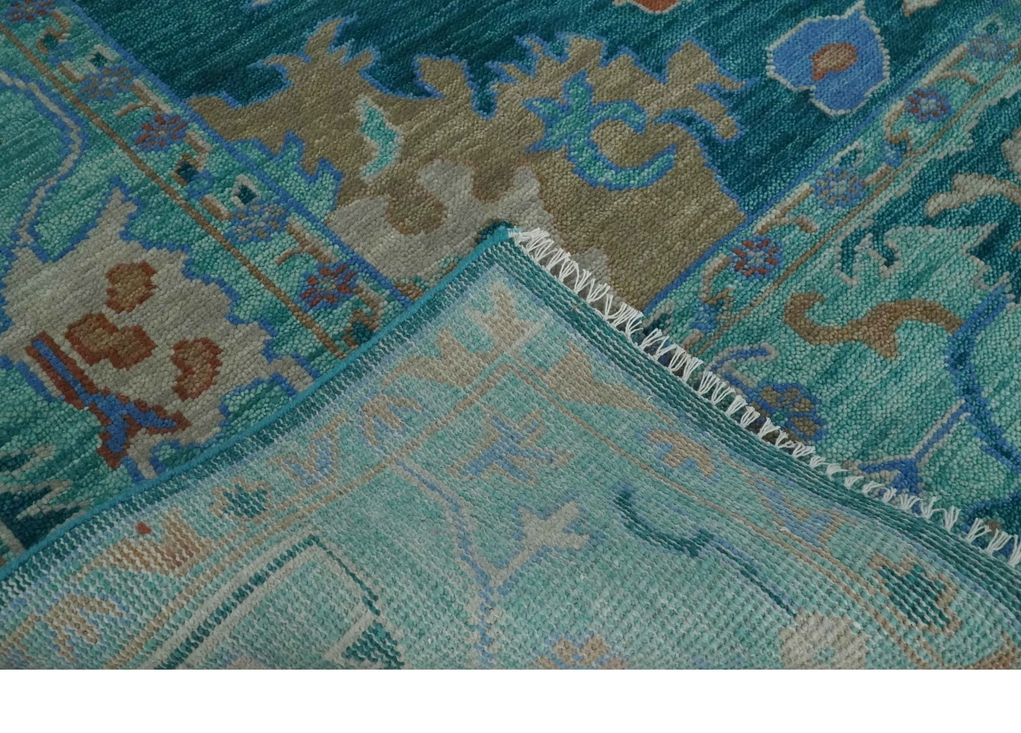Vibrant Colorful Green, Blue and Rust Hand knotted Traditional Oushak 9x12 wool Area Rug - Image 6