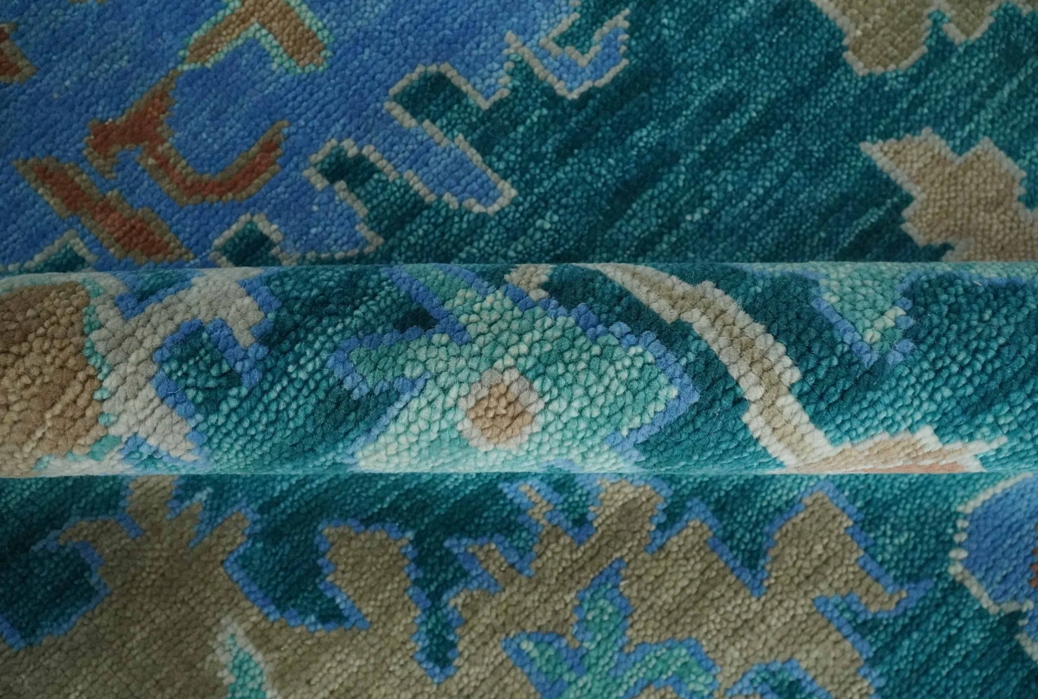 Vibrant Colorful Green, Blue and Rust Hand knotted Traditional Oushak 9x12 wool Area Rug - Image 7