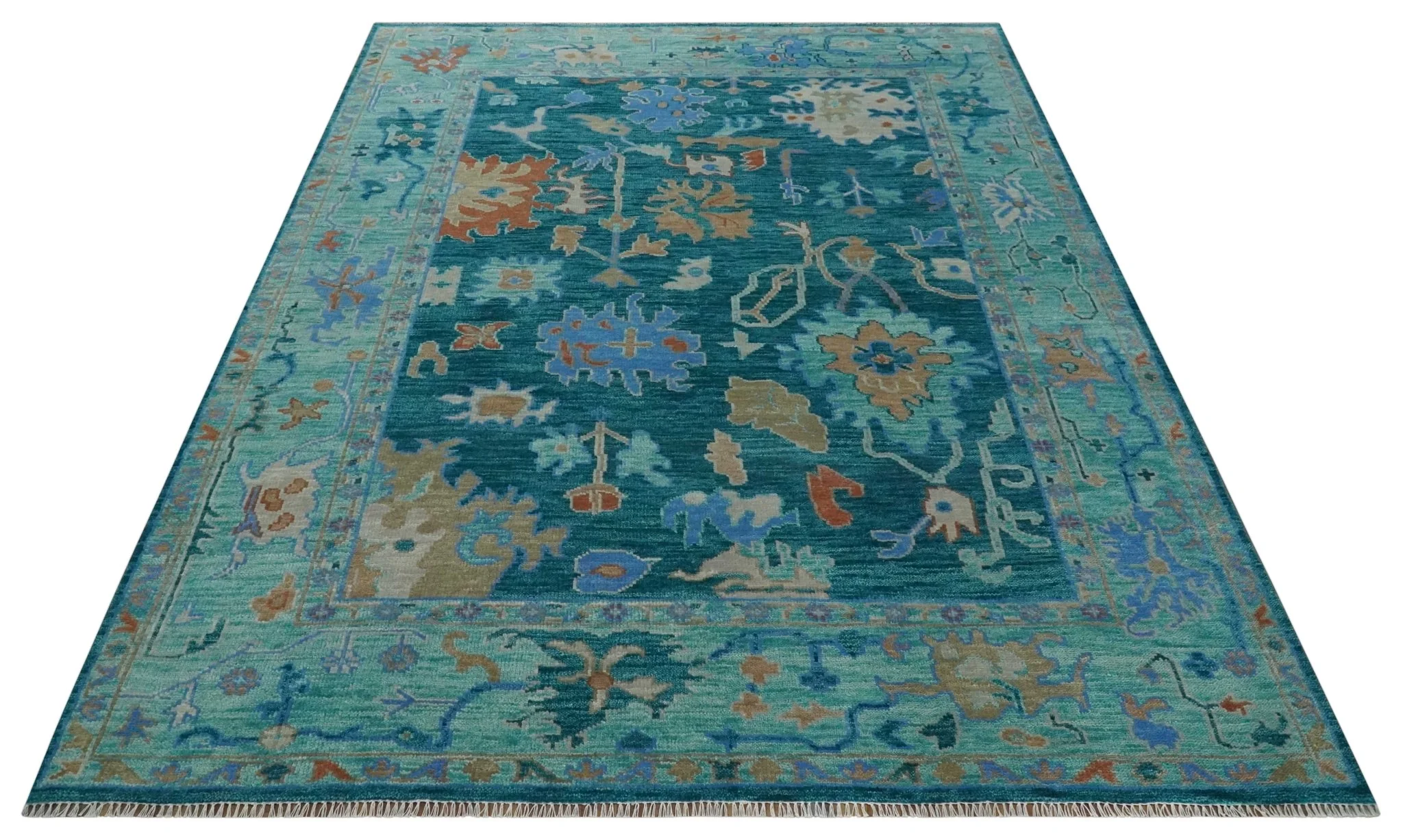 Vibrant Colorful Green, Blue and Rust Hand knotted Traditional Oushak 9x12 wool Area Rug - Image 9