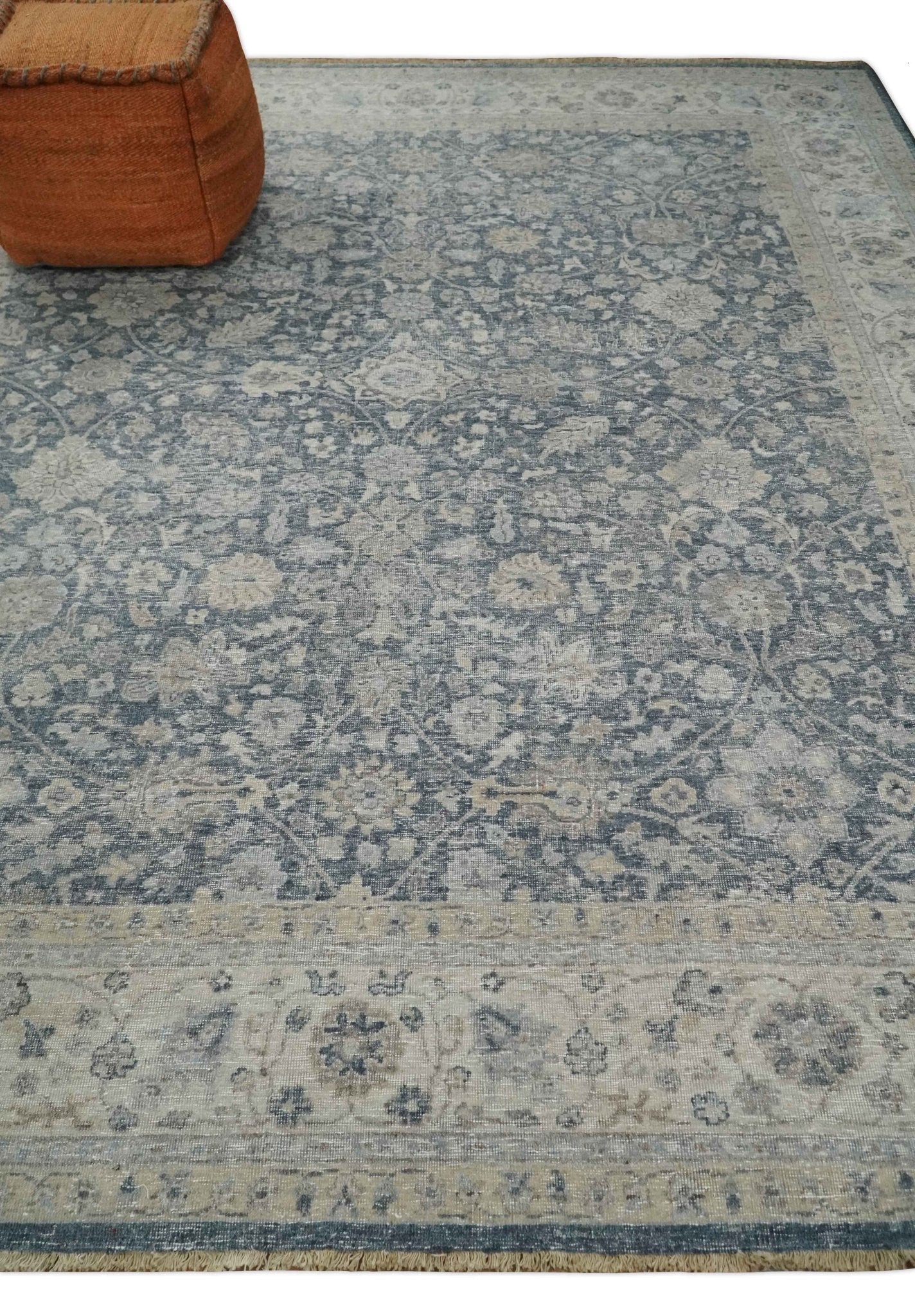 Custom Made Vintage Style Hand Knotted Traditional Blue and Beige Antique Textured Low Pile Distressed Wool Rug - Image 3