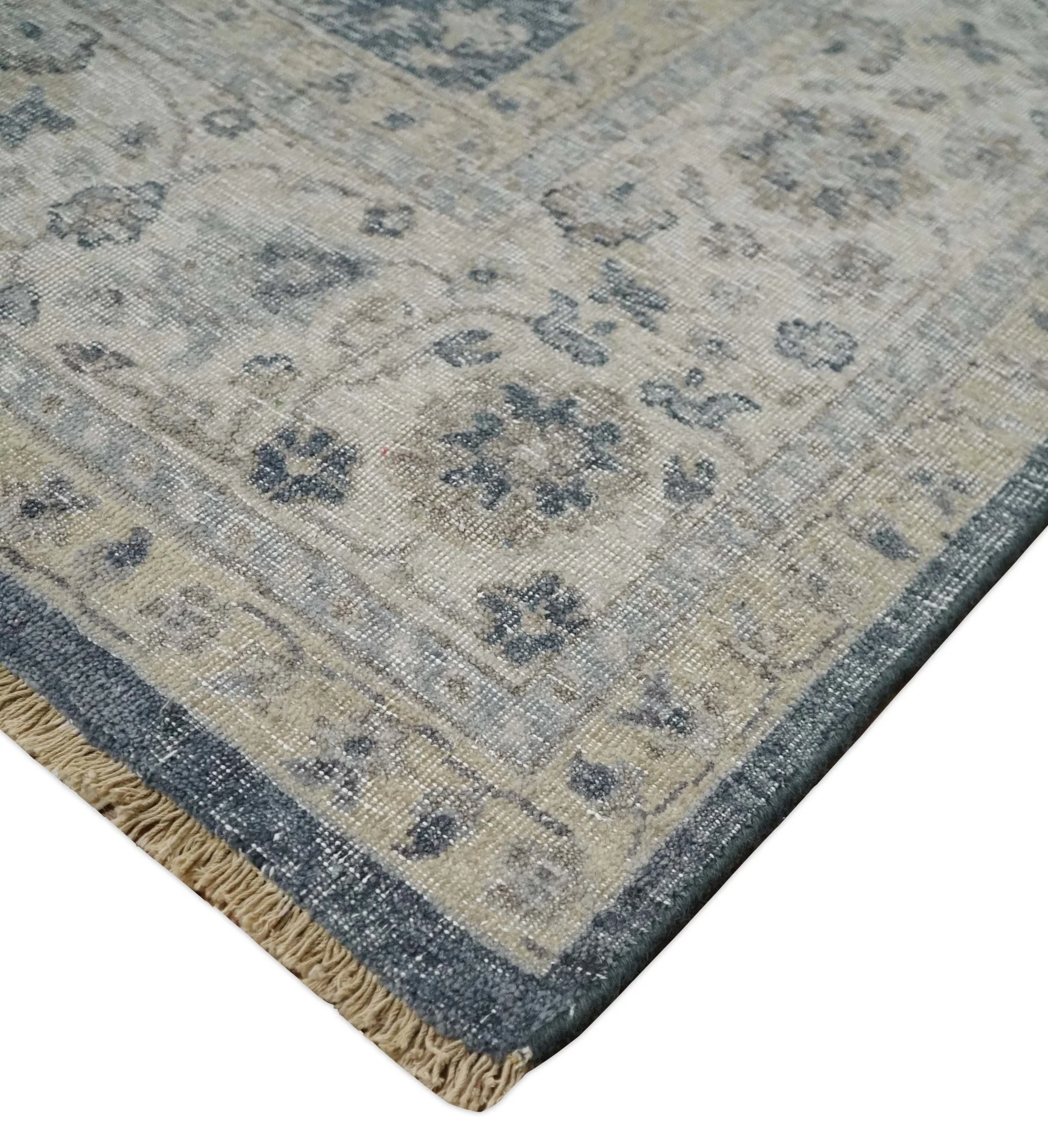 Custom Made Vintage Style Hand Knotted Traditional Blue and Beige Antique Textured Low Pile Distressed Wool Rug - Image 4
