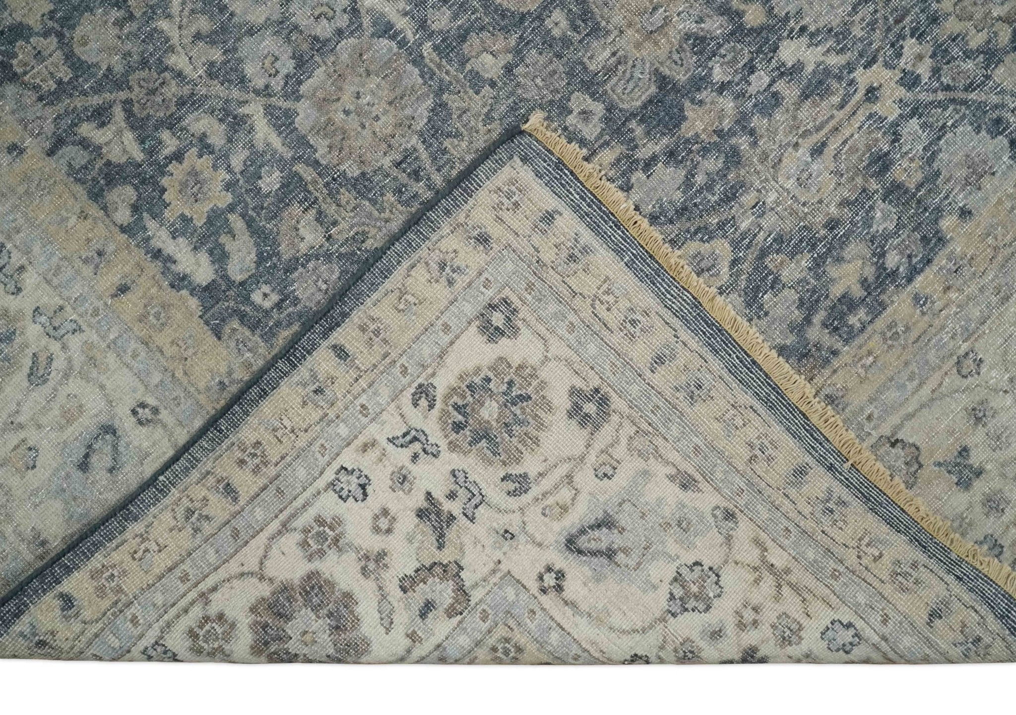 Custom Made Vintage Style Hand Knotted Traditional Blue and Beige Antique Textured Low Pile Distressed Wool Rug - Image 6