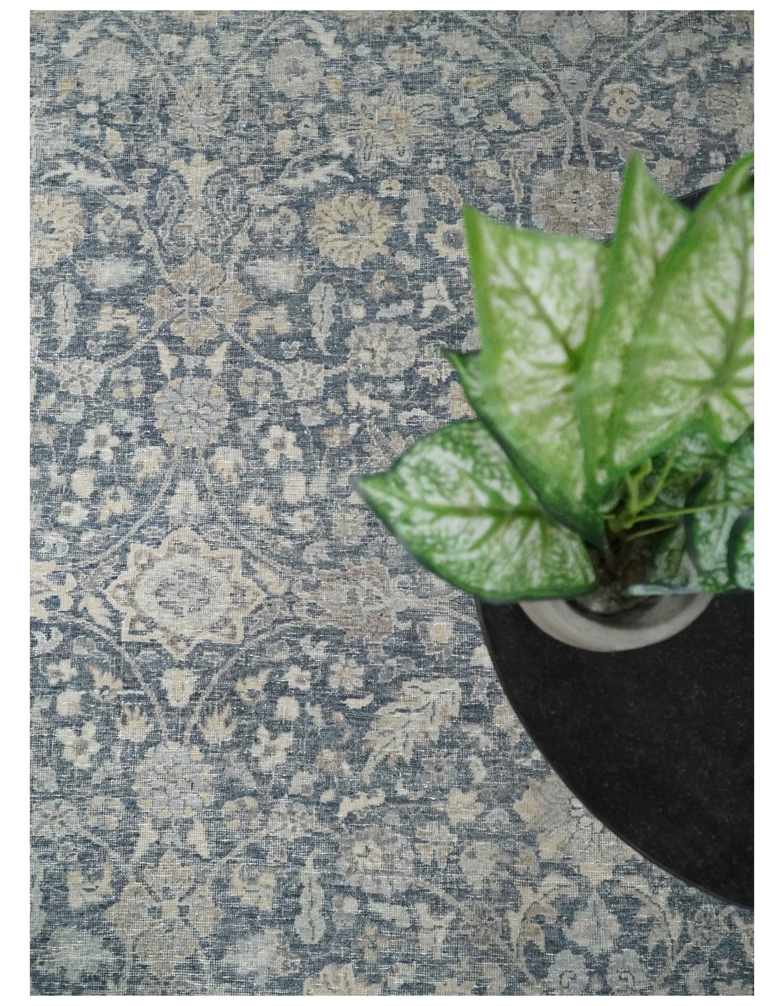 Custom Made Vintage Style Hand Knotted Traditional Blue and Beige Antique Textured Low Pile Distressed Wool Rug - Image 8
